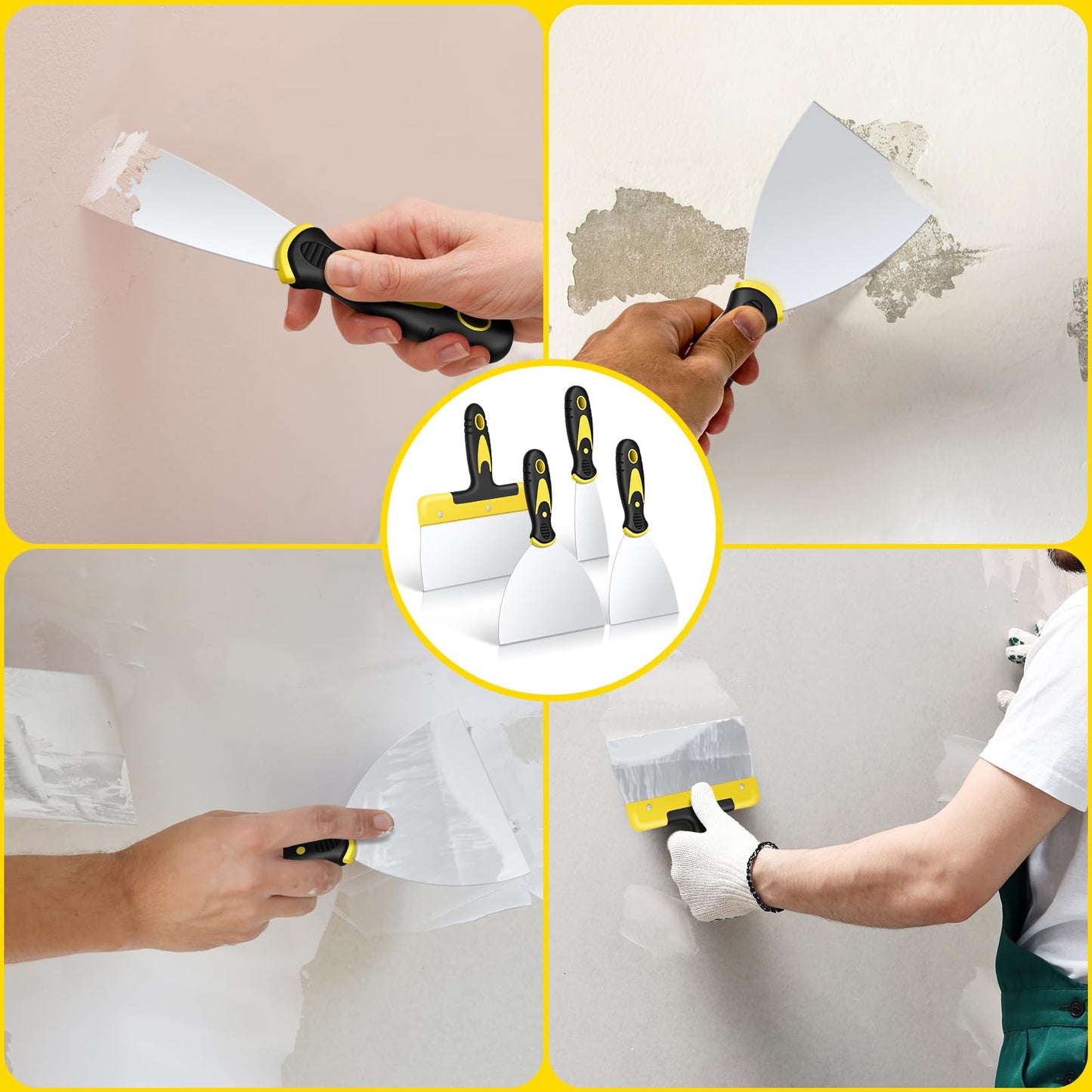 DEKEones Putty Knife Set, 4PCS Stainless Steel Scraper Paint Tool with Comfortable Grip for Drywall Repair, Wallpaper Removal and Plaster Scraping(2,4,6,8in)