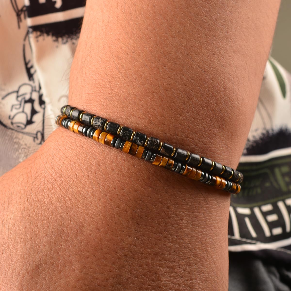 Casvia Tiger's Glow Men's Tiger Eye Chakra Bracelet, Handcrafted Hematite, Thickened Steel Wire, Adjustable Dual Clasp 6.9-8.8 Inch Gift for Men Dad Boyfriend