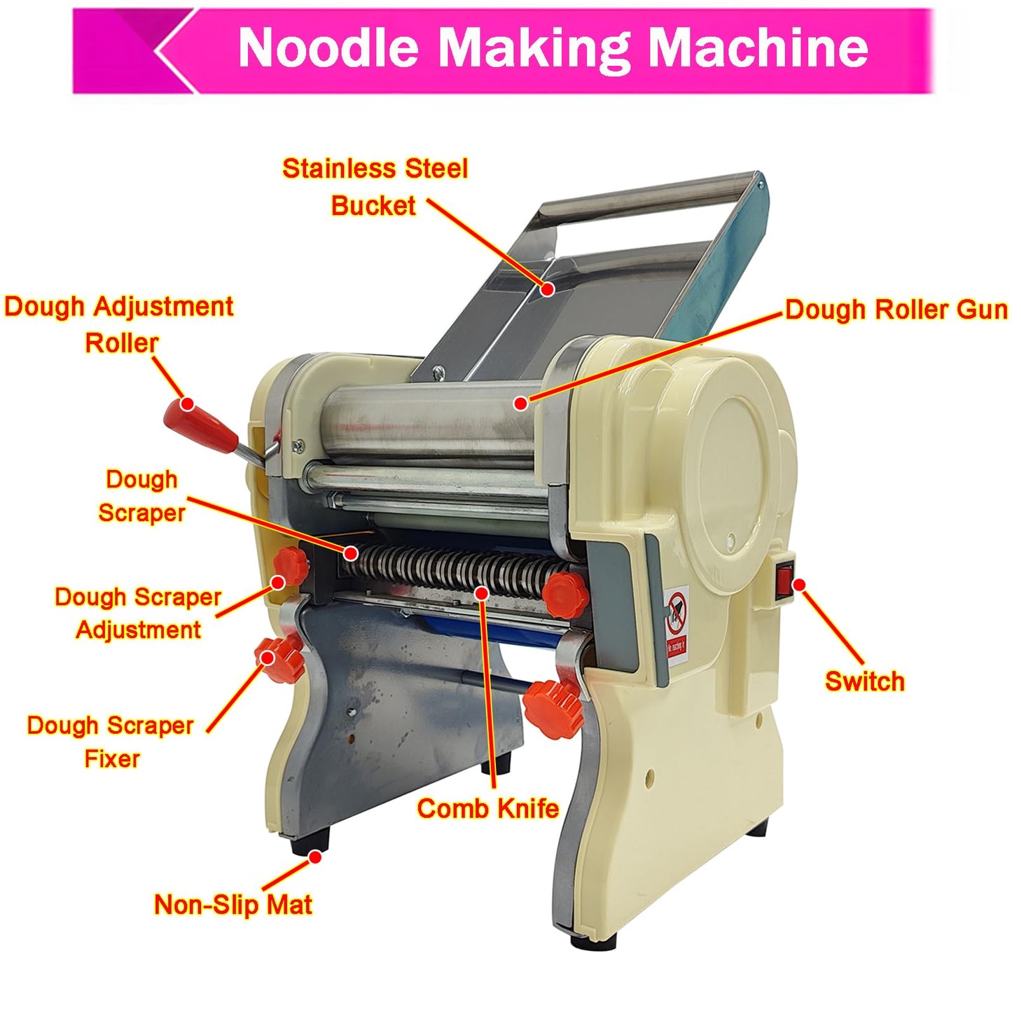 JARYANNIX Electric Pasta Press Maker, Stainless Steel Noodle Making Machine, 3mm and 9mm Wide Knife, Adjustable Width, Automatic Noodle Maker for Home Commercial 110V 550W