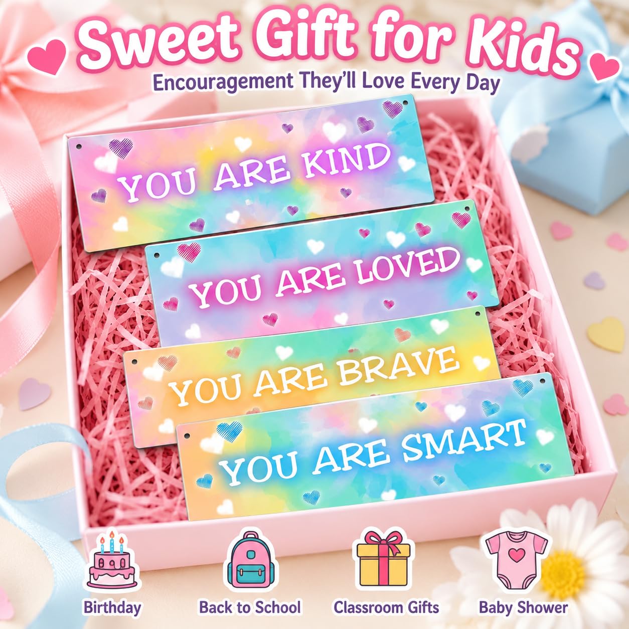 4 Pieces Tie Dye Kids Room Wall Decor Wooden Signs, Motivational Wall Art for Girls Bedroom, Nursery, Playroom, Classroom Decor, You Are Loved Brave Kind Smart(Sign-04)
