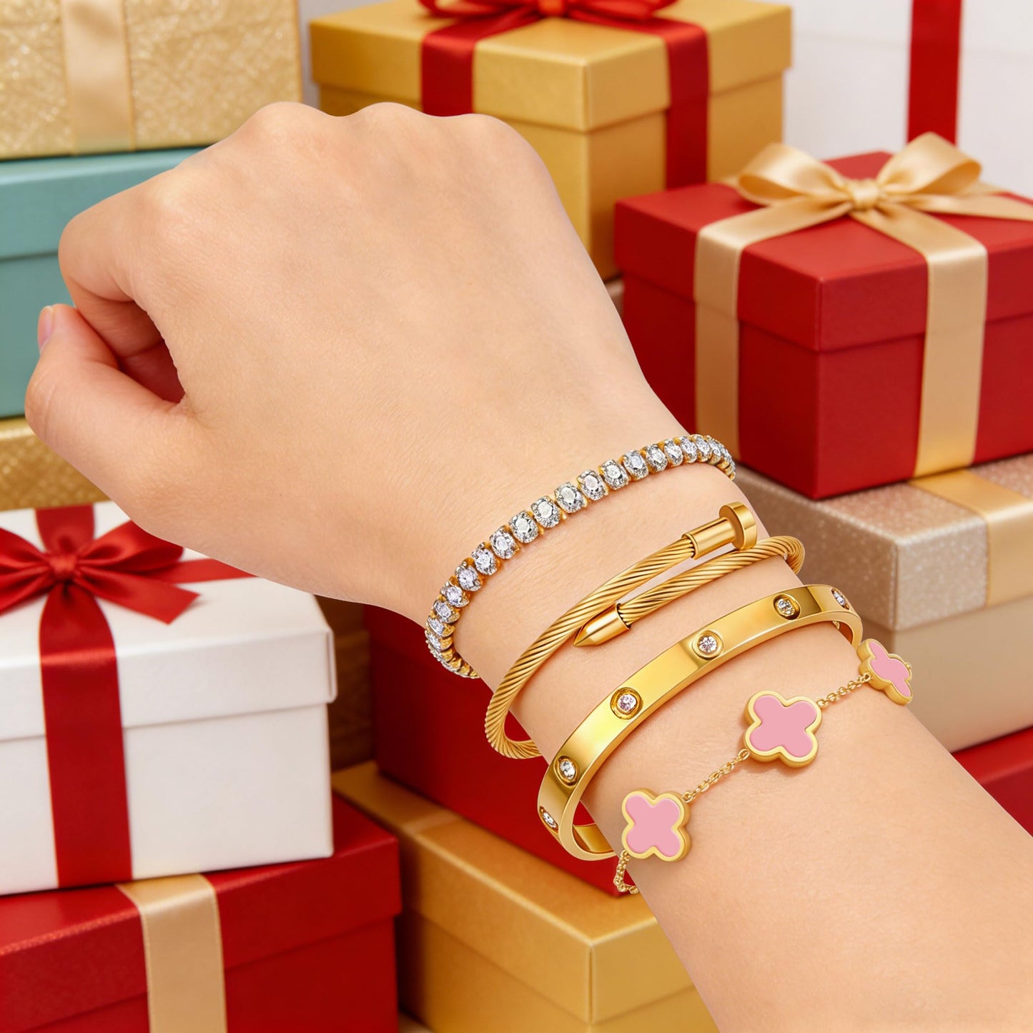 Gold Bracelets for Women, 18K Gold Plated Women Tennis Bracelets Clover Nail Love Bangle Bracelet Set, Gold Bracelet Stackable Set Trendy Jewelry, Gifts for Women's Day and Mother's Day (08-Color-4 Pink)