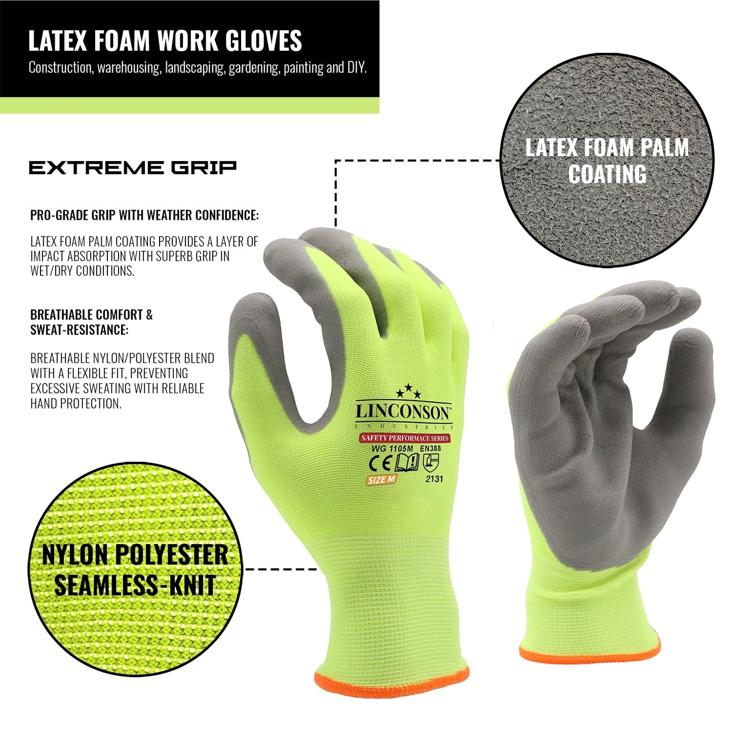 linconson 12 Pack Safety Performance Series Construction Mechanics Work Gloves (Green - Grey Palm, XL (Pack of 12))
