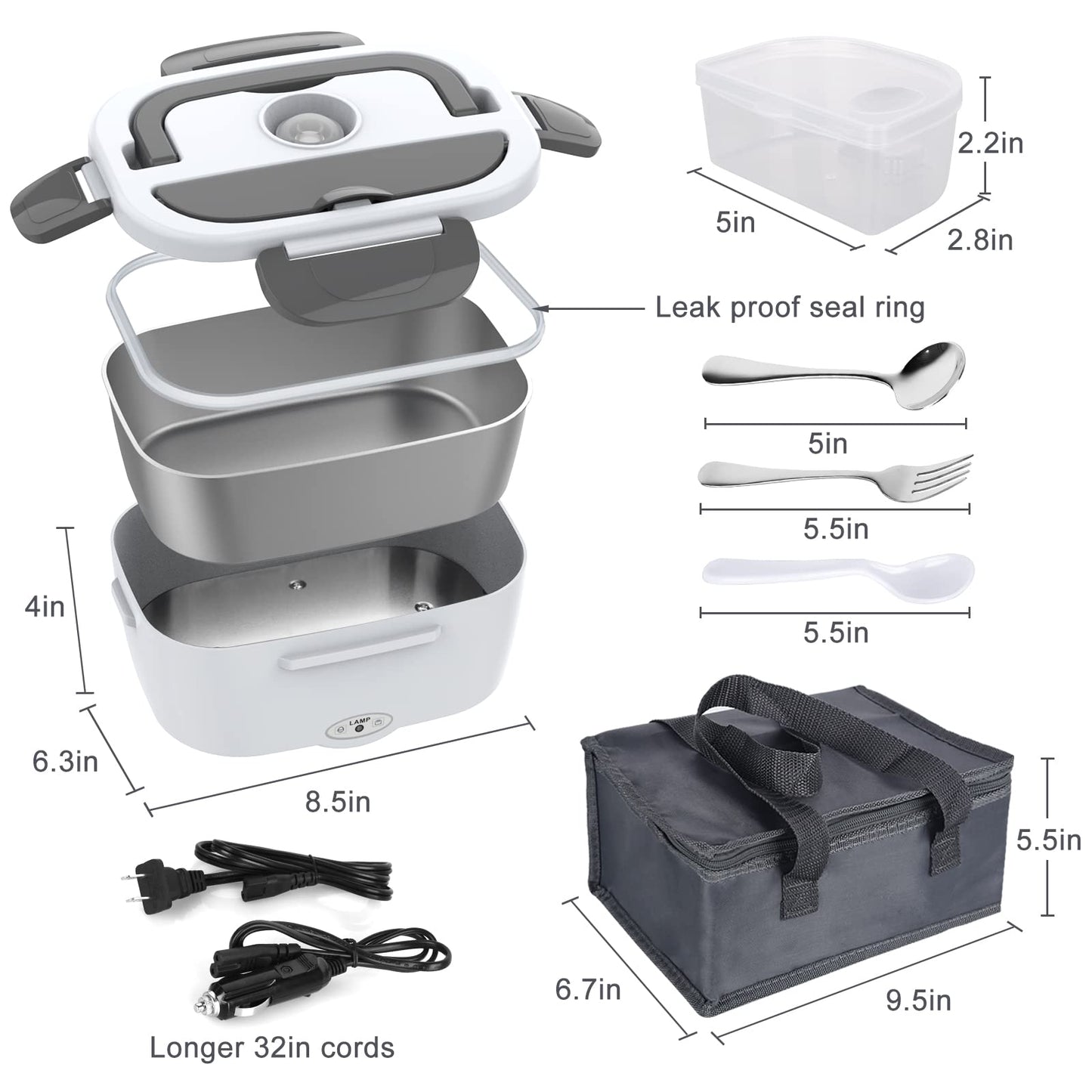 Herrfilk Electric Lunch Box Food Heater, 3 in 1 Ultra Quick Heated Lunch Boxes for Adults, 12V/24V/110V Portable Food Warmer for Car/Truck/Office With Fork Spoon and Insulated Carry Bag