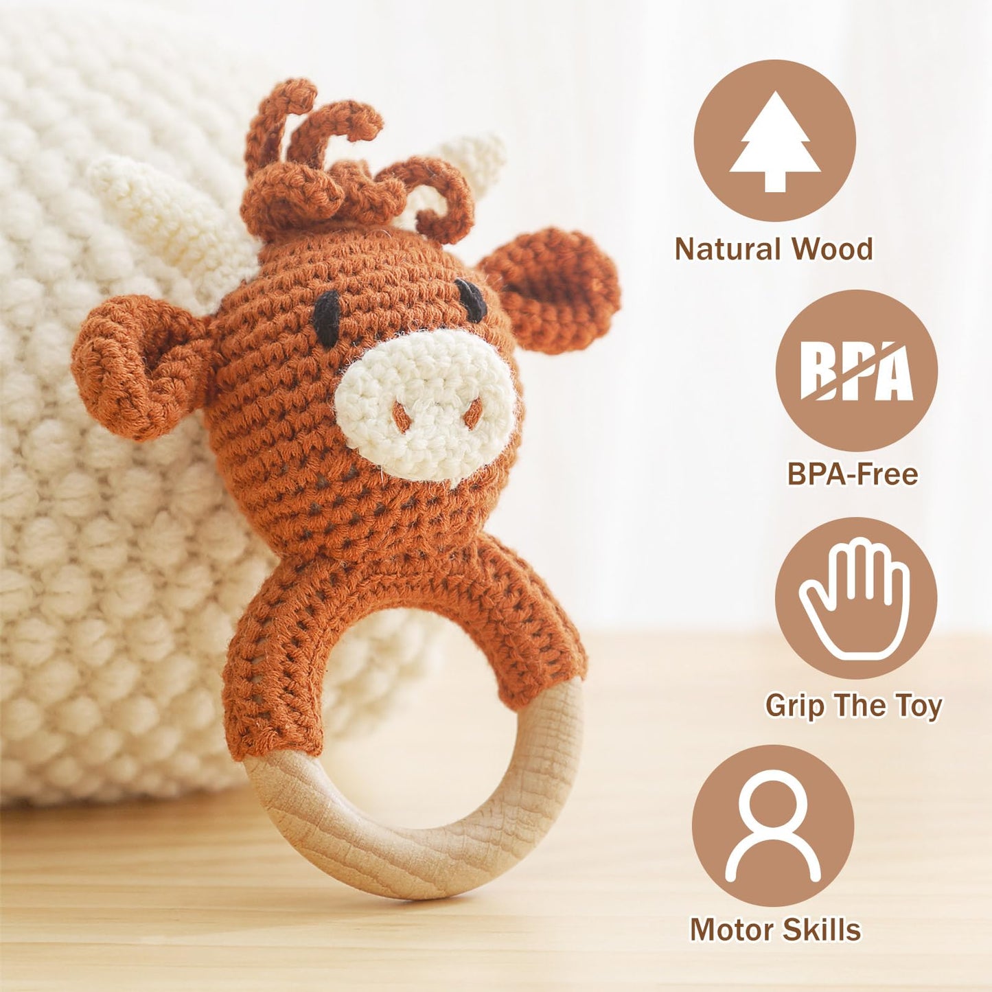 Wooden Baby Rattle, Crochet Cow Rattle, Newborn Wooden Animal Rattle Toy, Infant Rattle Toys