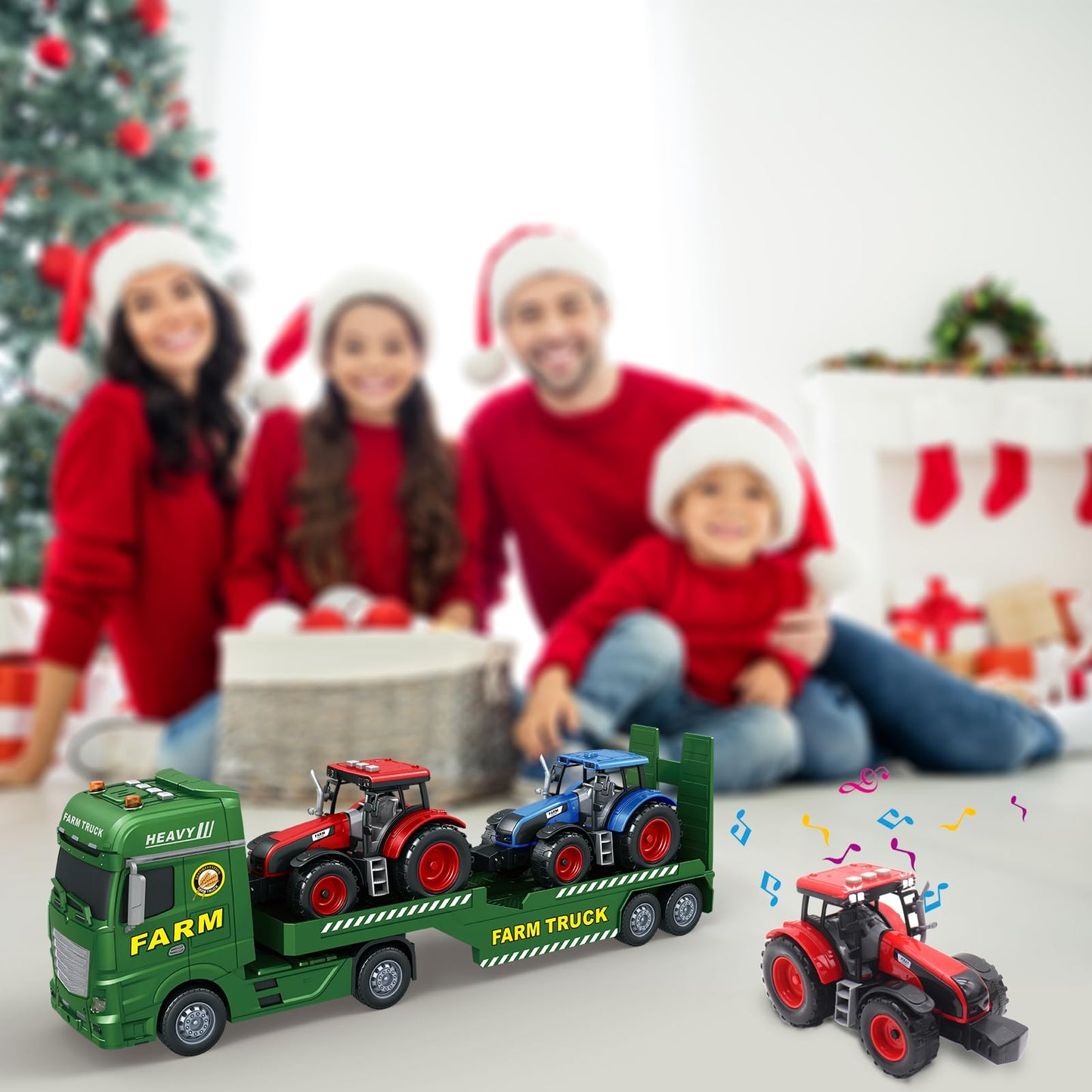 Joysweetoy 25’’ Large Flatbed Semi Truck Toy for Kids - 3 in 1 Friction Powered Farm Vehicles with 2 Tractors, Lights & Sounds - Car Toy Gift for 3 4 5 6 7 8 Year Old Boys Girls Toddlers