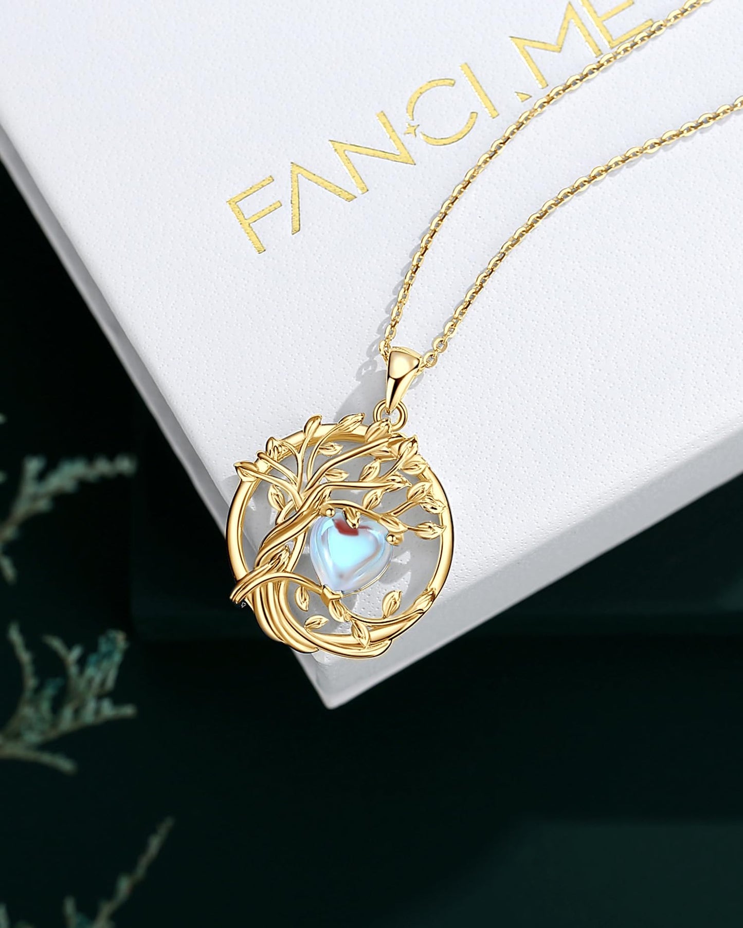 FANCIME Tree of life Moonstone necklace Sterling Silver Yellow Gold Plated June Birthstone Pendant Rainbow Gemstone Birthday Mothers Day Gifts for Women Wife Mom Her