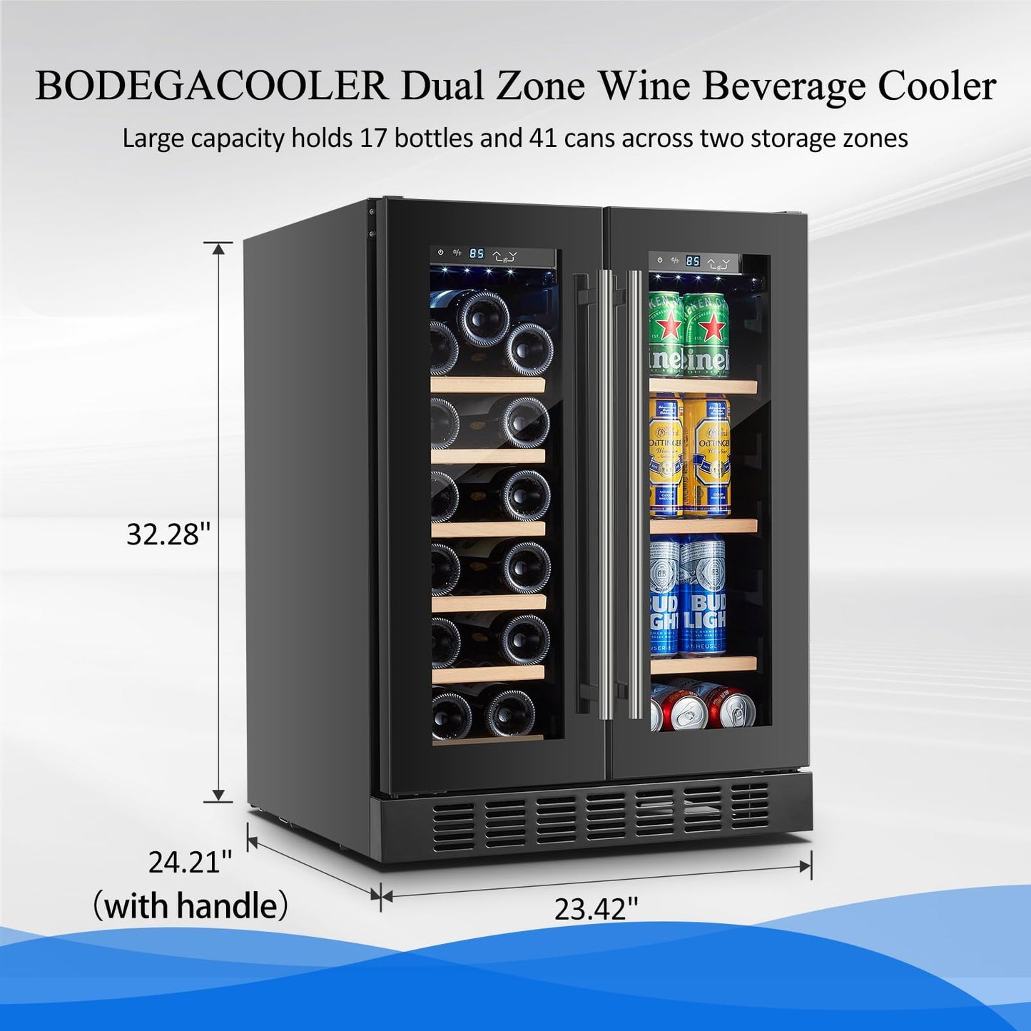 BODEGA Beverage Refrigerator Black, 24 Inch Dual Zone Wine and Beverage Cooler Under Counter, Drink Fridge for Beer, Soda, Wine, Champagne, Holds 41 Cans and 17 Bottles