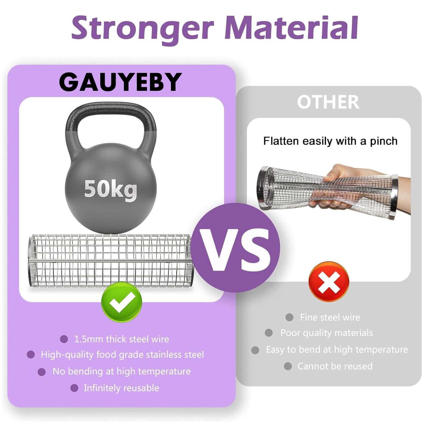 GAUYEBY Rolling Grill Basket, Grill Baskets for Outdoor Grill, REMOVABLE HANDLE, Anti-Scorch Stainless Steel BBQ Net Tube for Meat, Shrimp, Vegetables, Grill Accessories, Gifts for Dad, Husband (Round)