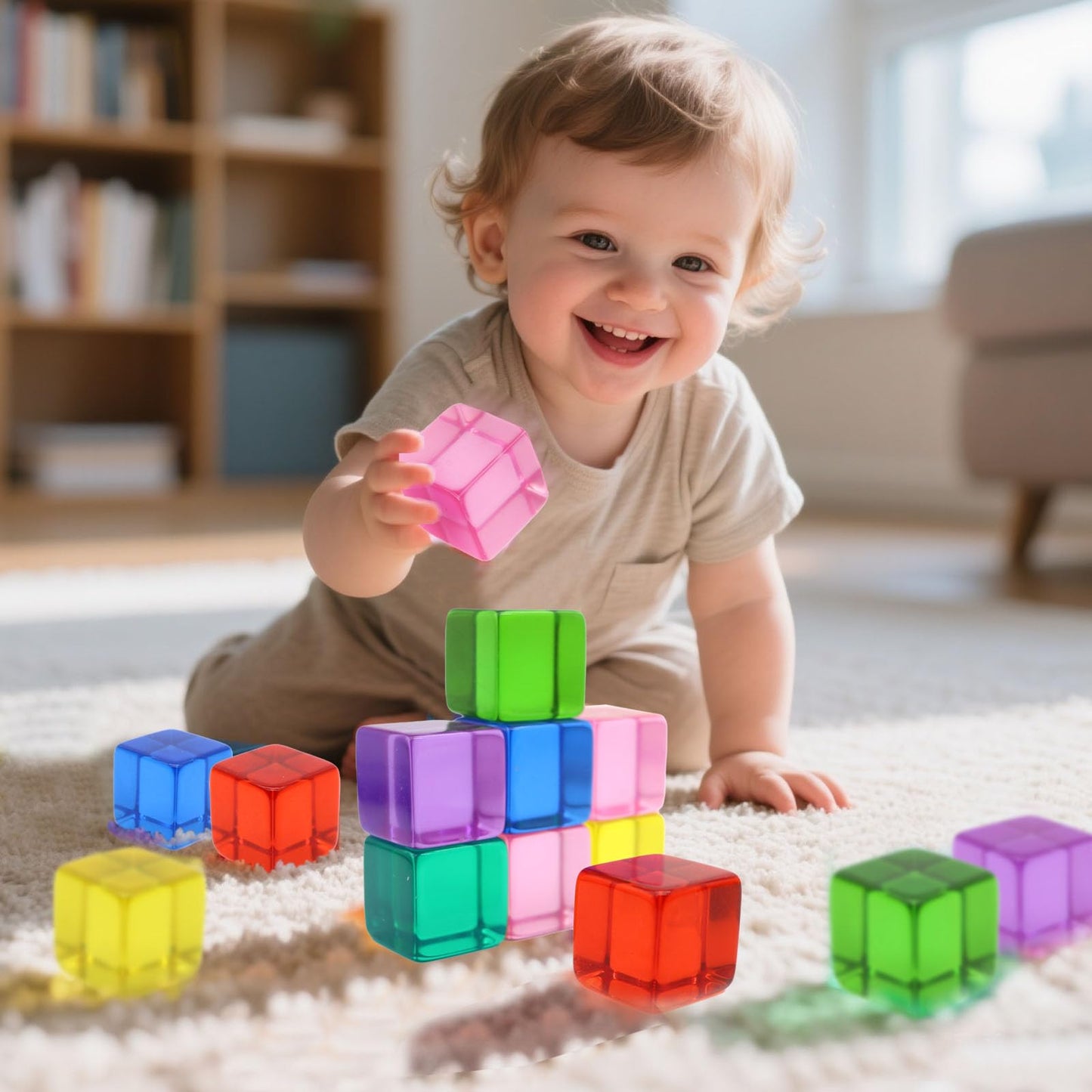 kuchisity Wooden Building Blocks Set for Kids, 60 PCS Rainbow Acrylic Gem Cubes Stacking Blocks, Montessori Stacking Toy for Toddlers Educational Toy Early Learning Gifts for Boys Girls 3-6 (60)
