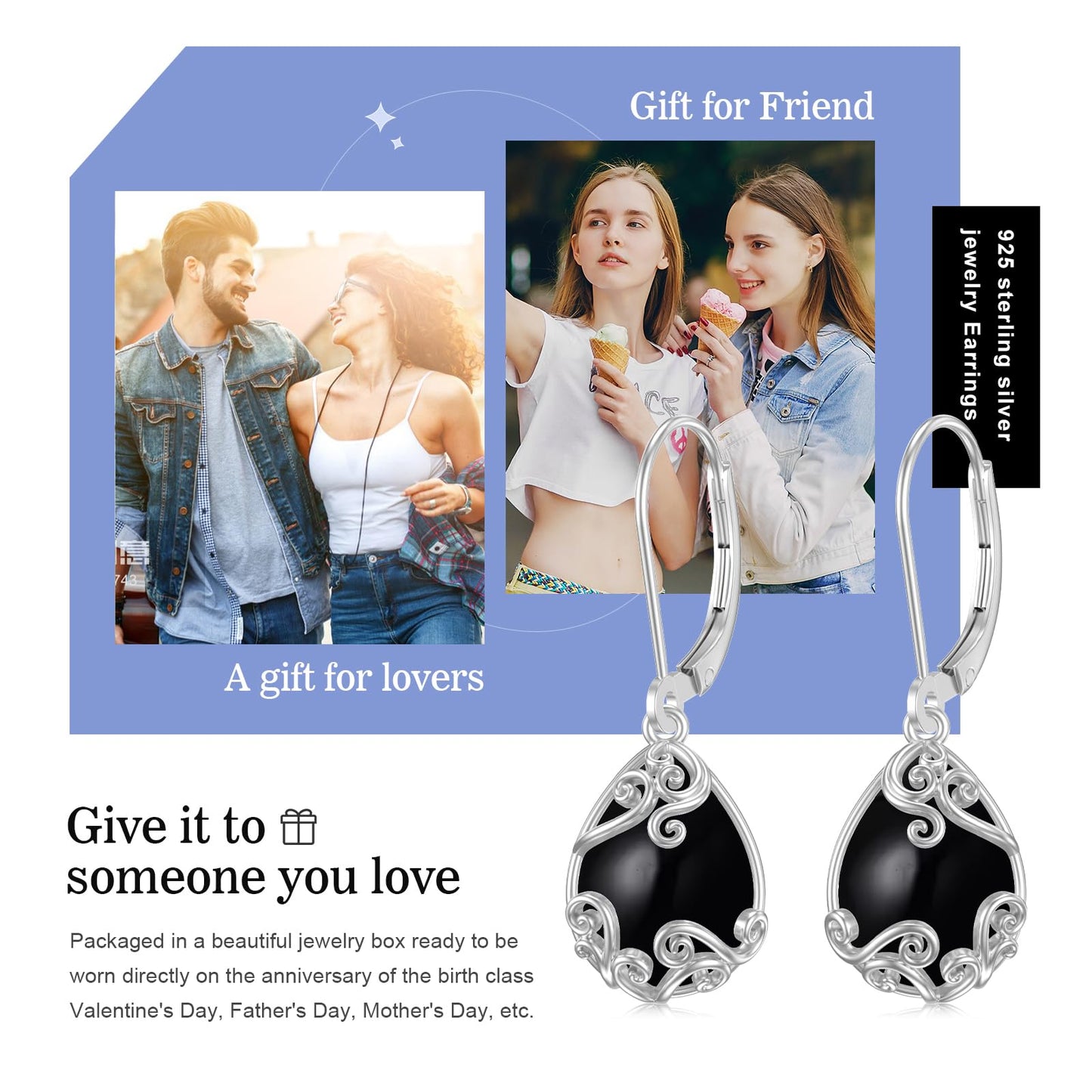 KoyeKei Black Onyx Filigree Leverback Earrings for Women 925 Sterling Silver Black Onyx Teardrop Dangle Drop Earrings Jewelry Filigree Anniversary Graduation Gifts for Sister Her Lover