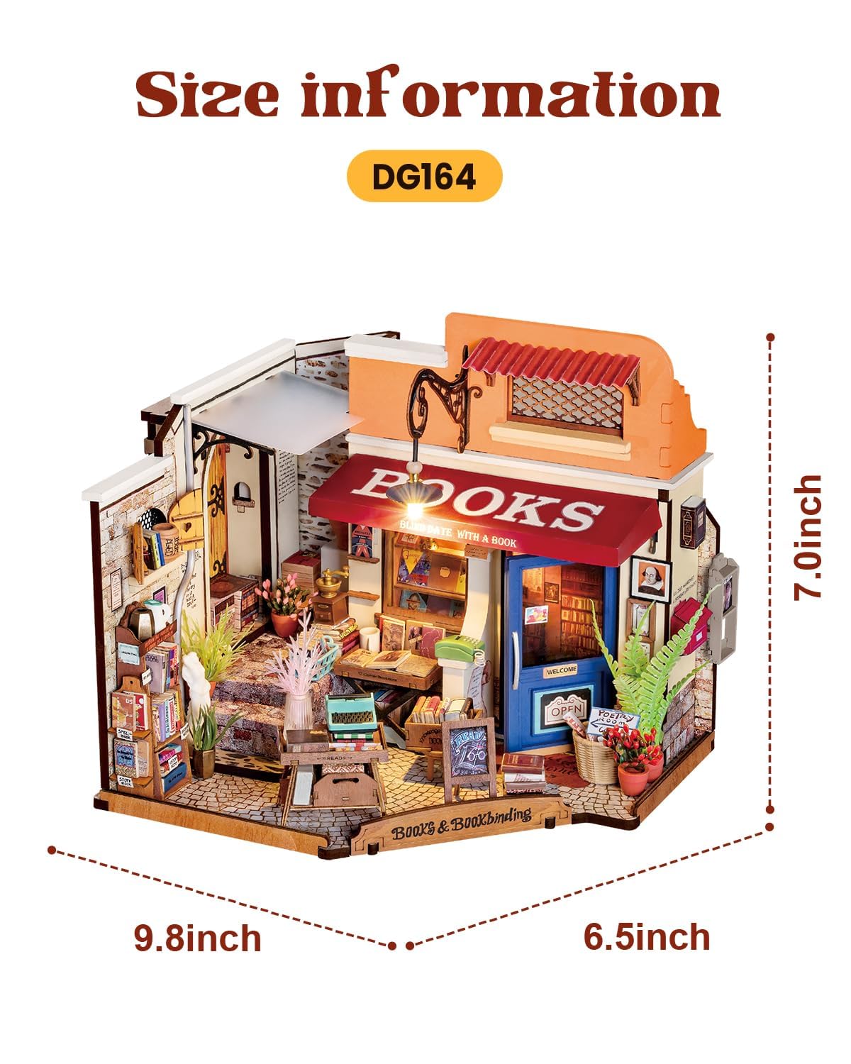 Rowood Miniature House Kit,Mother's Day Mini House Building Kit with LED,DIY Dollhouse Craft Kits for Adults,Birthday for Women Ages 14+(Corner Bookstore)
