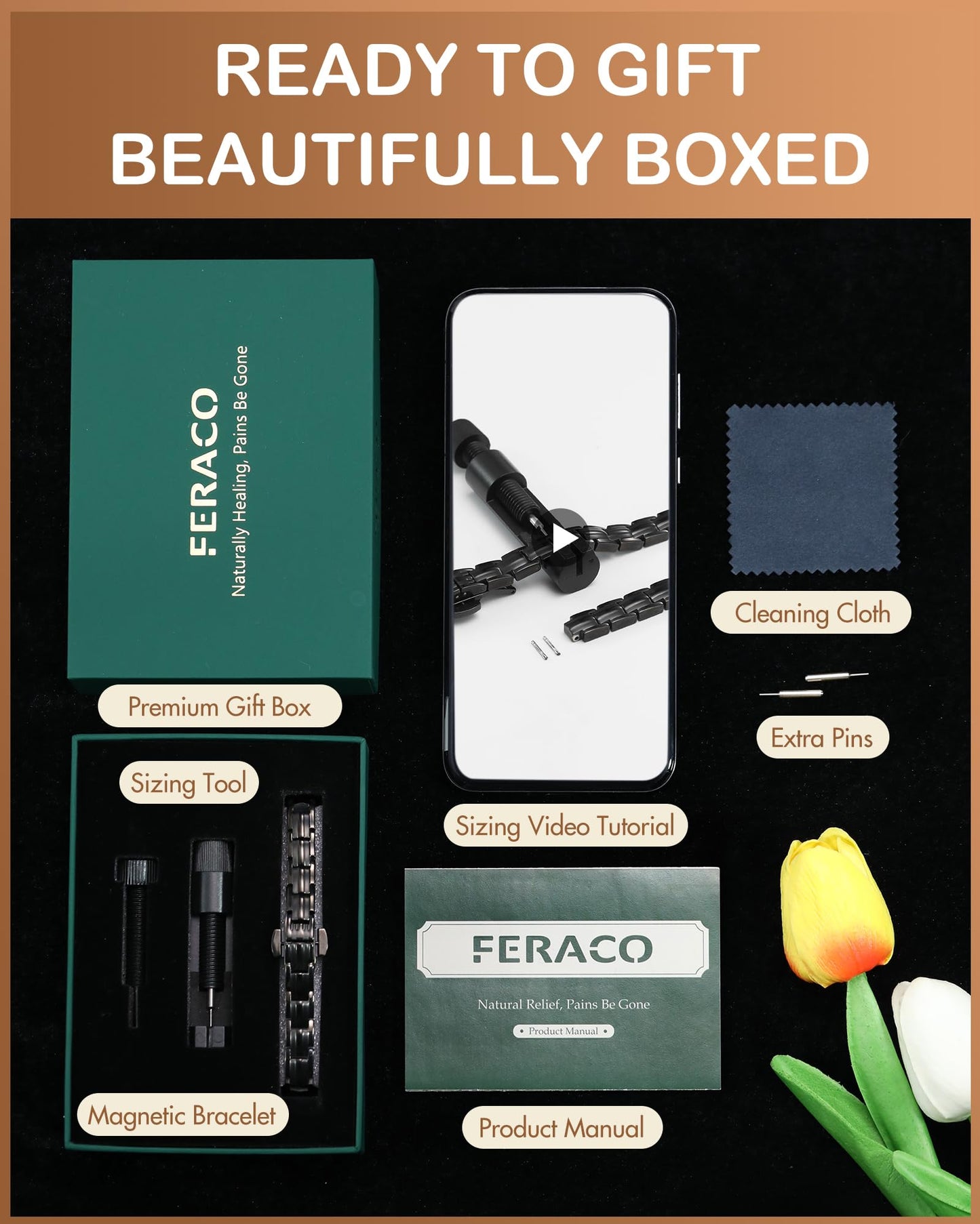 Feraco 5X Strength Magnetic Bracelets for Women, Stainless Steel Magnet Bracelet with Ultra Powerful 5000 Gauss Magnets, Upgraded Butterfly Clasp, Adjustable Jewelry Gift (Black)