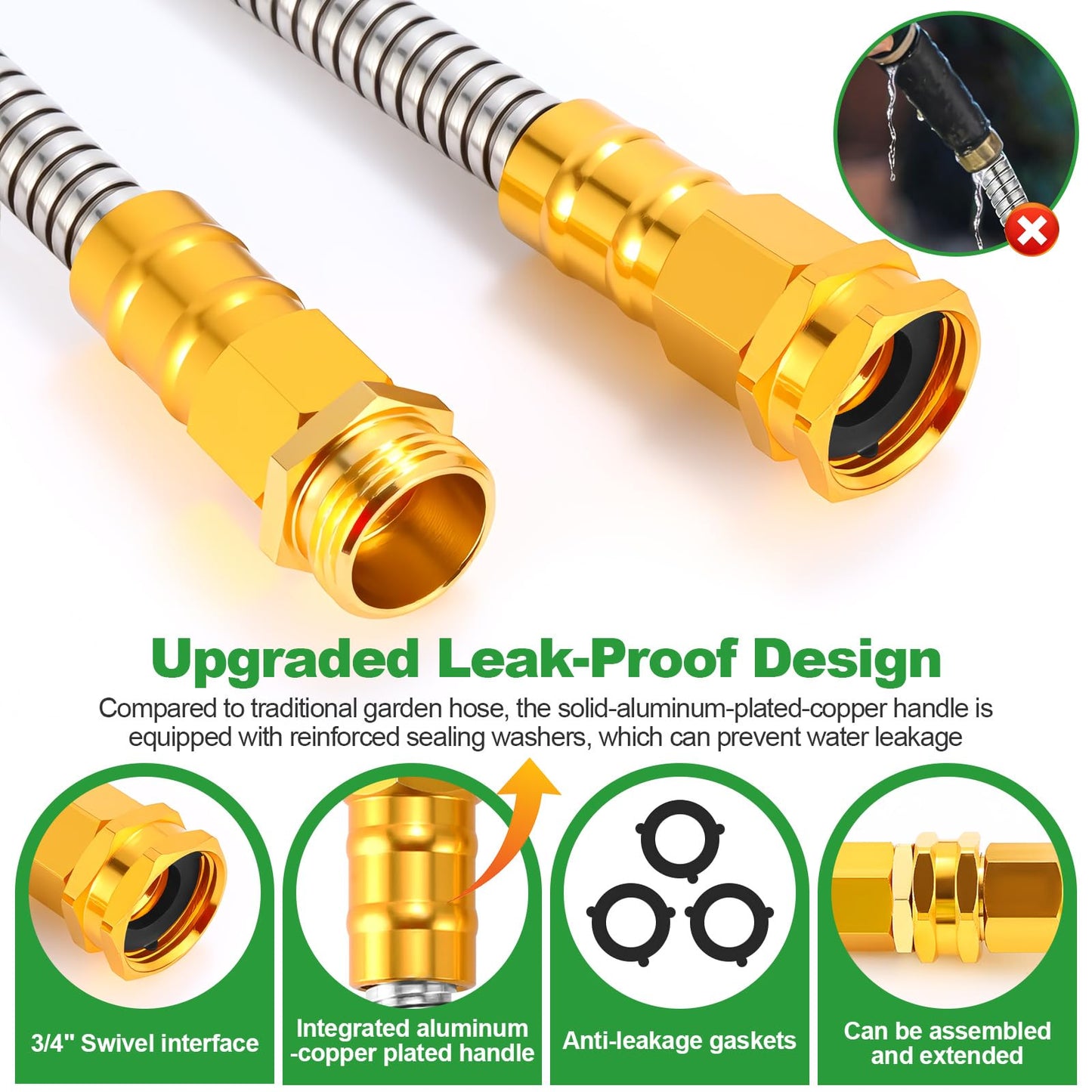 Toolasin Garden Hose 50ft, Flexible Stainless Steel Metal Water Hose with 10-Function Nozzle, No-Kink, Leak-Proof, Wear-Resistant, 3/4 GHT, Easy to Use and Store for Garden, Yard, Outdoor