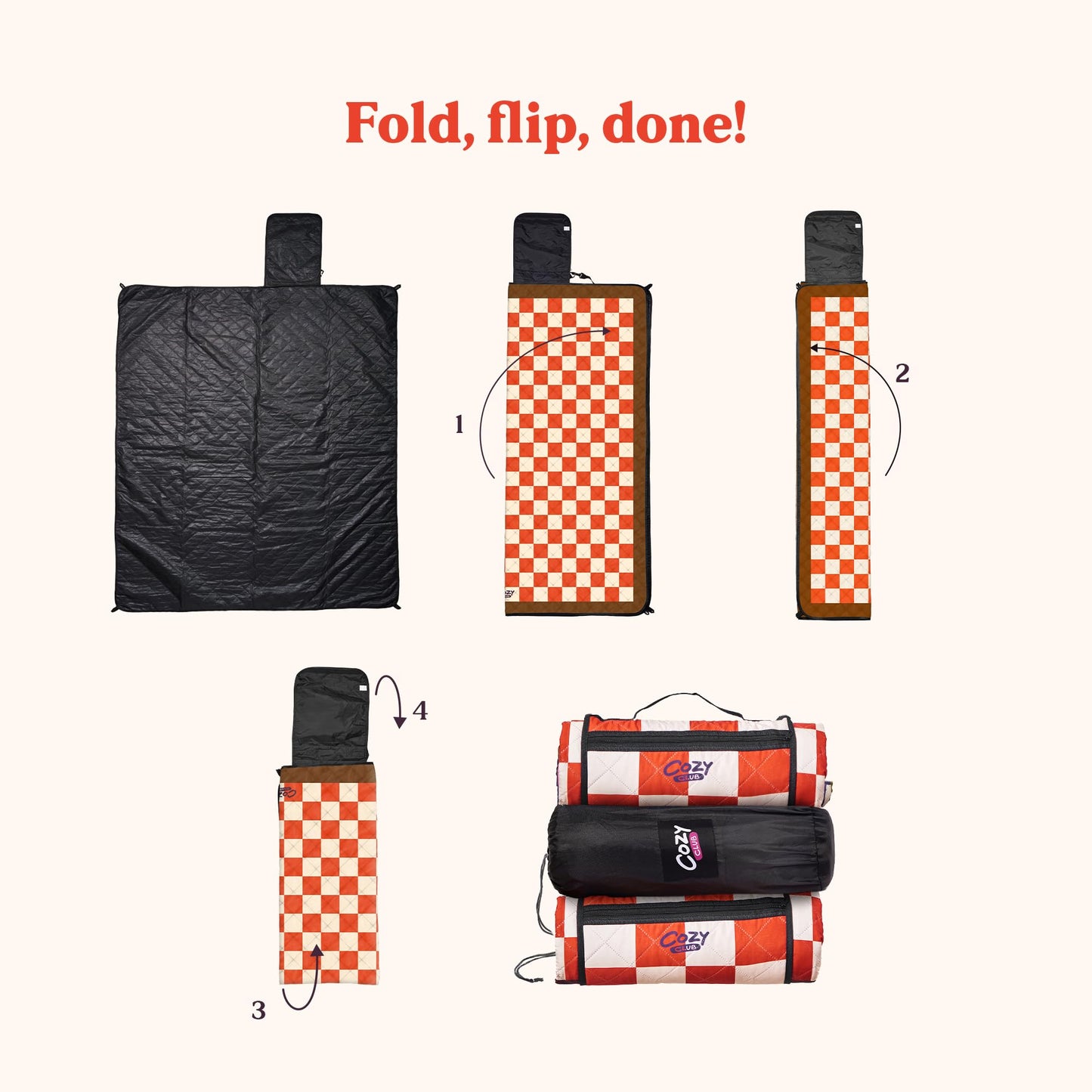 Cozy Club Waterproof Picnic Blanket – Foldable Outdoor Mat 60x70 with Stakes, Pocket & Shoulder Strap | Sandproof Beach Blanket for Festivals, Camping & Travel | Self-Packing | Terracotta | US Brand
