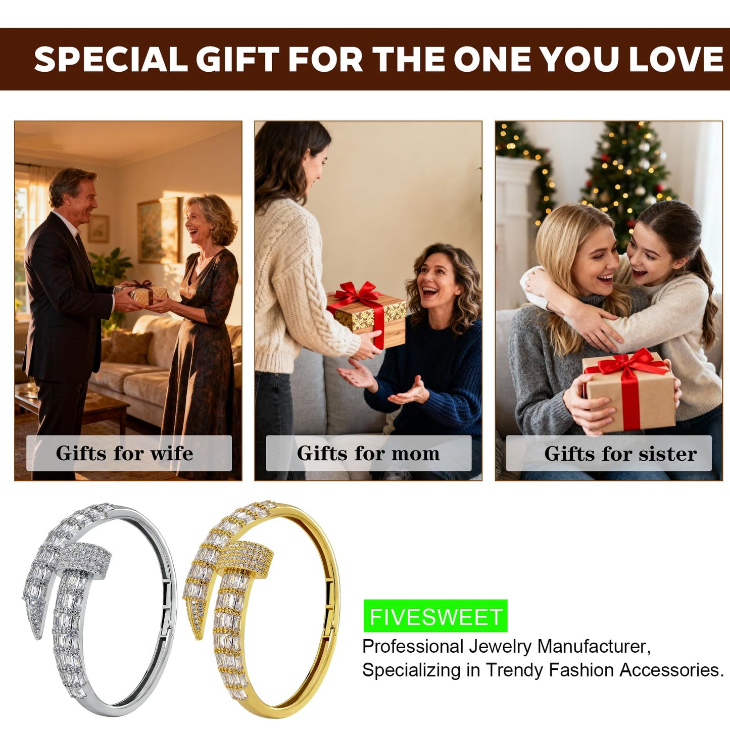FIVESWEET 2-Pack 18K Gold Plated Gold & Silver Rivet Design Bangle Bracelets for Women, Zinc Alloy with 3A Cubic Zirconia, Full Paved Sparkling Zircon, Luxury & Personalized Jewelry, Perfect for Weddings, Parties, Daily Wear, Ideal Gifts for Valentine's D
