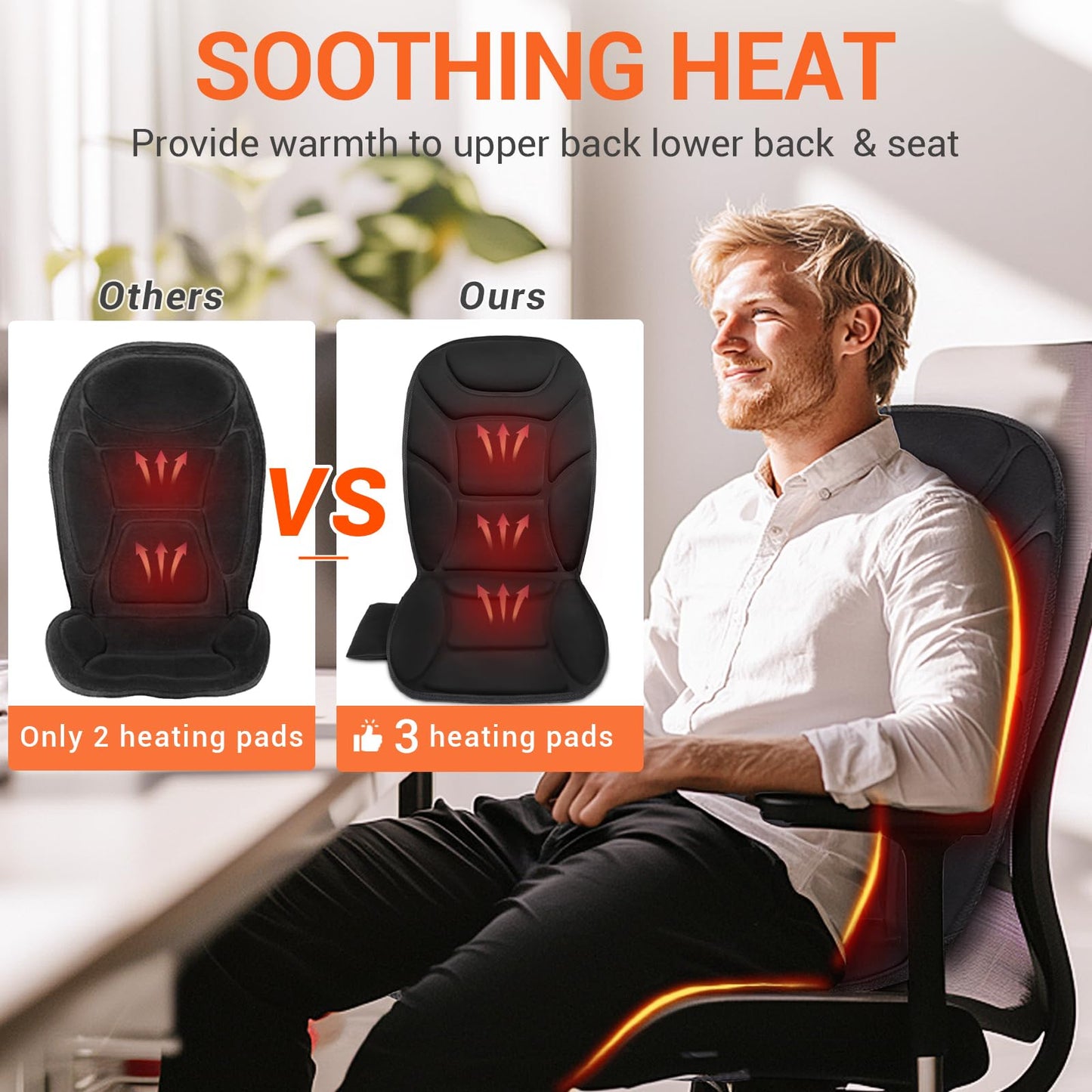 CARSHION Massage Seat Cushion with Full Back Thighs Heat Back Massager for Chair with 3 Heating Pads 6 Vibrating Motors, Massage Chair Pad for Home Office, Heated Seat Cover Warmer for Pain Relief