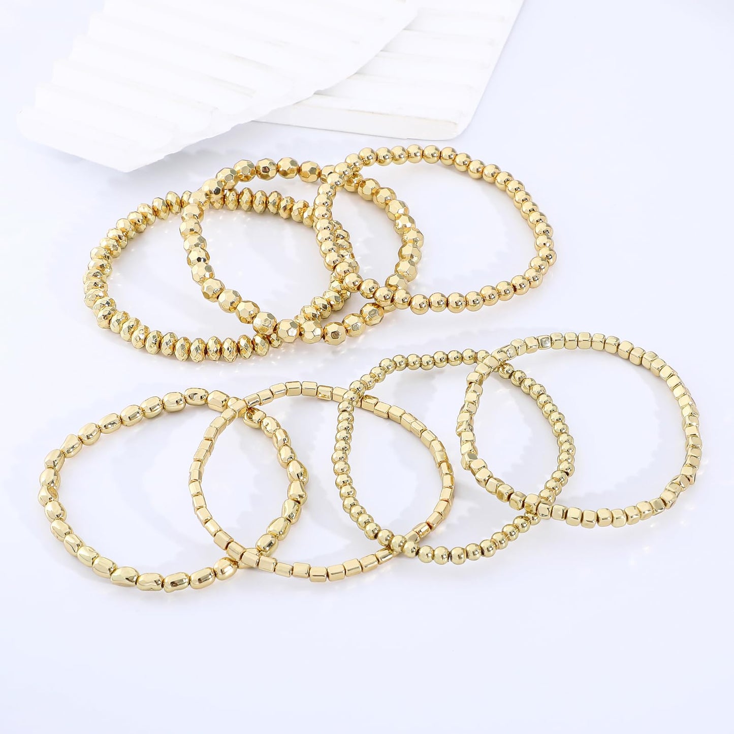 Sajidos Gold Plated Beaded Bracelets for Women Trendy, 14K Gold Plated Stack Cross Pearl Gold Plated Bead Stretch Bracelets Set Elastic Hypoallergenic Bracelets Jewelry Gifts
