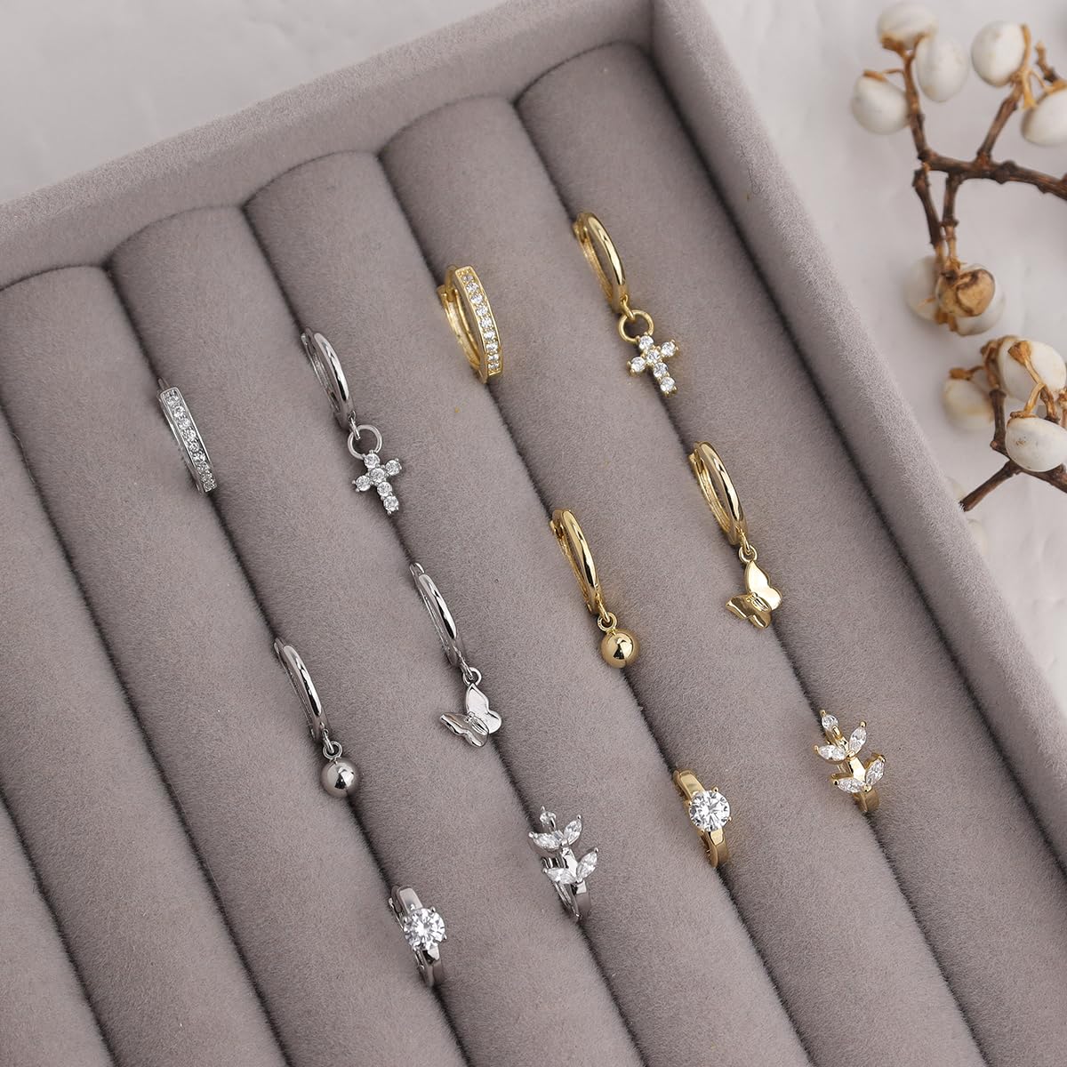 Frigotine 3PCS Silver Ball Cross Butterfly Dangle Small Hoop Earrings Stack Set for Woman, Dainty Rhinestone CZ Drop Multiple Piercing Cartilage Huggie Earing Wedding Prom Fashion Jewelry Gifts