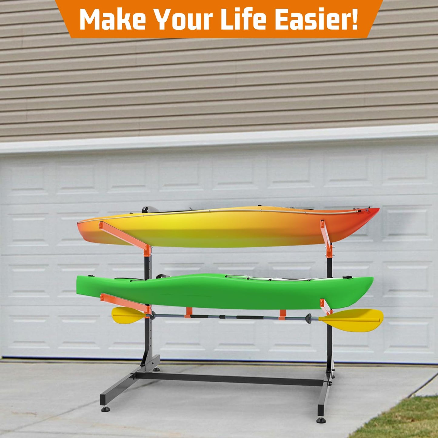 UOKRR 2 Kayak Storage Rack, Freestanding Kayak Racks for Garage, Heavy Duty Adjustable Kayak Stand Indoor Outdoor Storage Rack for Kayaks, Canoes, Surfboard & Paddleboard (2 Levels with paddle hook)