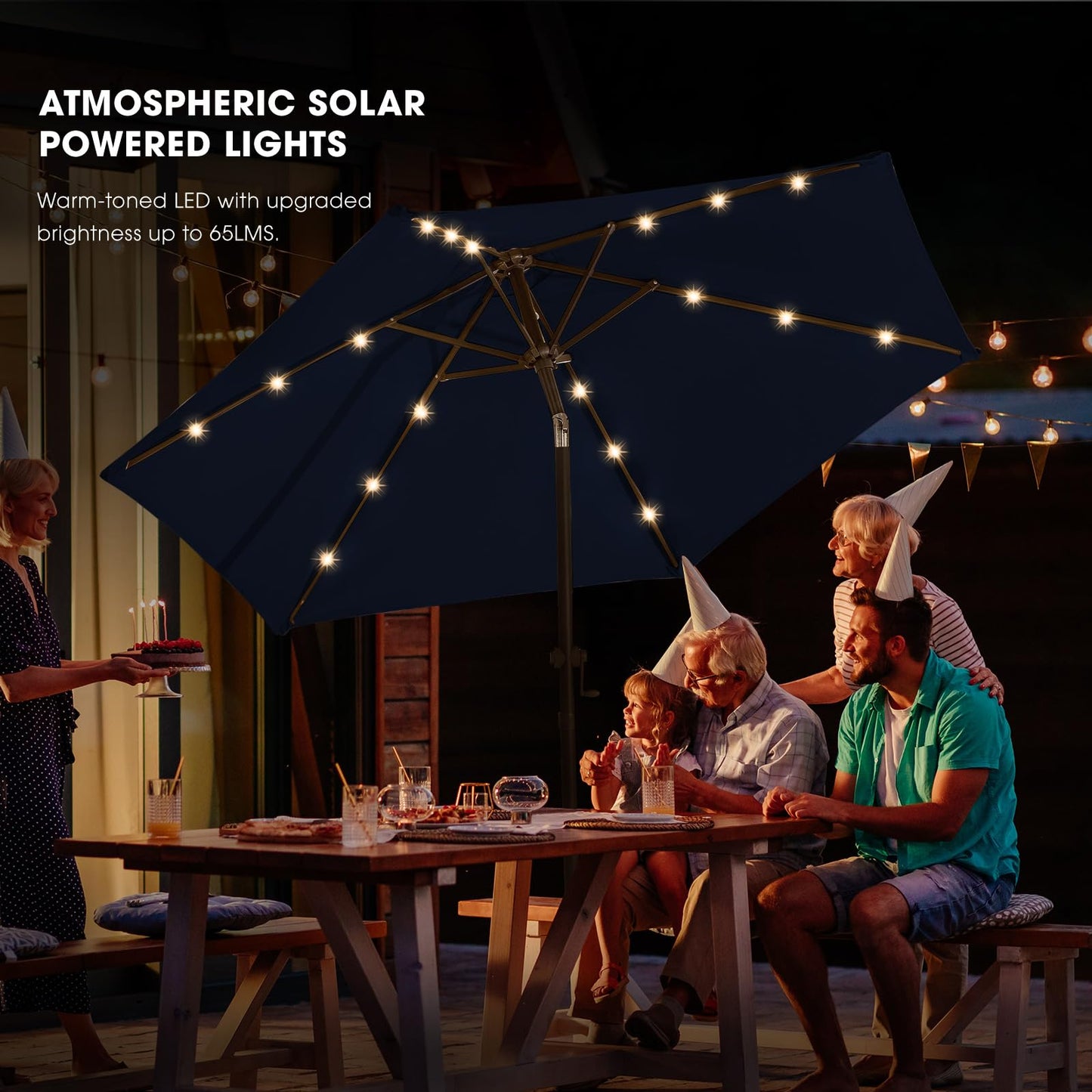 wikiwiki 7.5ft Solar Led Patio Umbrella, Sturdy Outdoor Market Umbrella for Deck, Pool, Garden w/Tilt, Crank, 18 LED Lights, Navy Blue