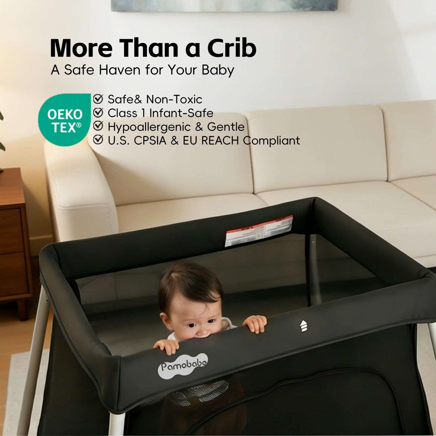 Pamo Babe Travel Crib with Bassinet, Certified Baby Safe Portable Crib, Extra Large Portable Playpen with Mattress & Zipper Door, Lightweight Foldable Pack and Play Baby Travel Bed - Grey