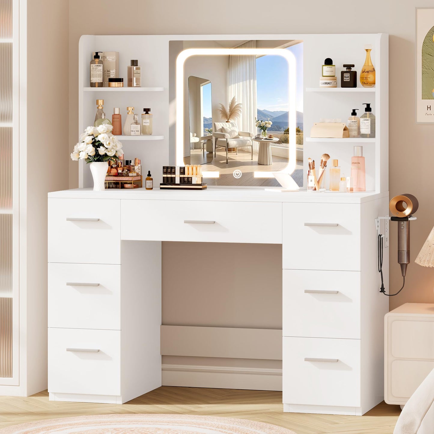 LIVELYGLOW White Large Makeup Vanity Desk with Smart LED Mirror & Power Station, 43" Professional Dressing Table with 7 Drawers, 4 Open Shelves & Hairdryer Holder for Bedroom