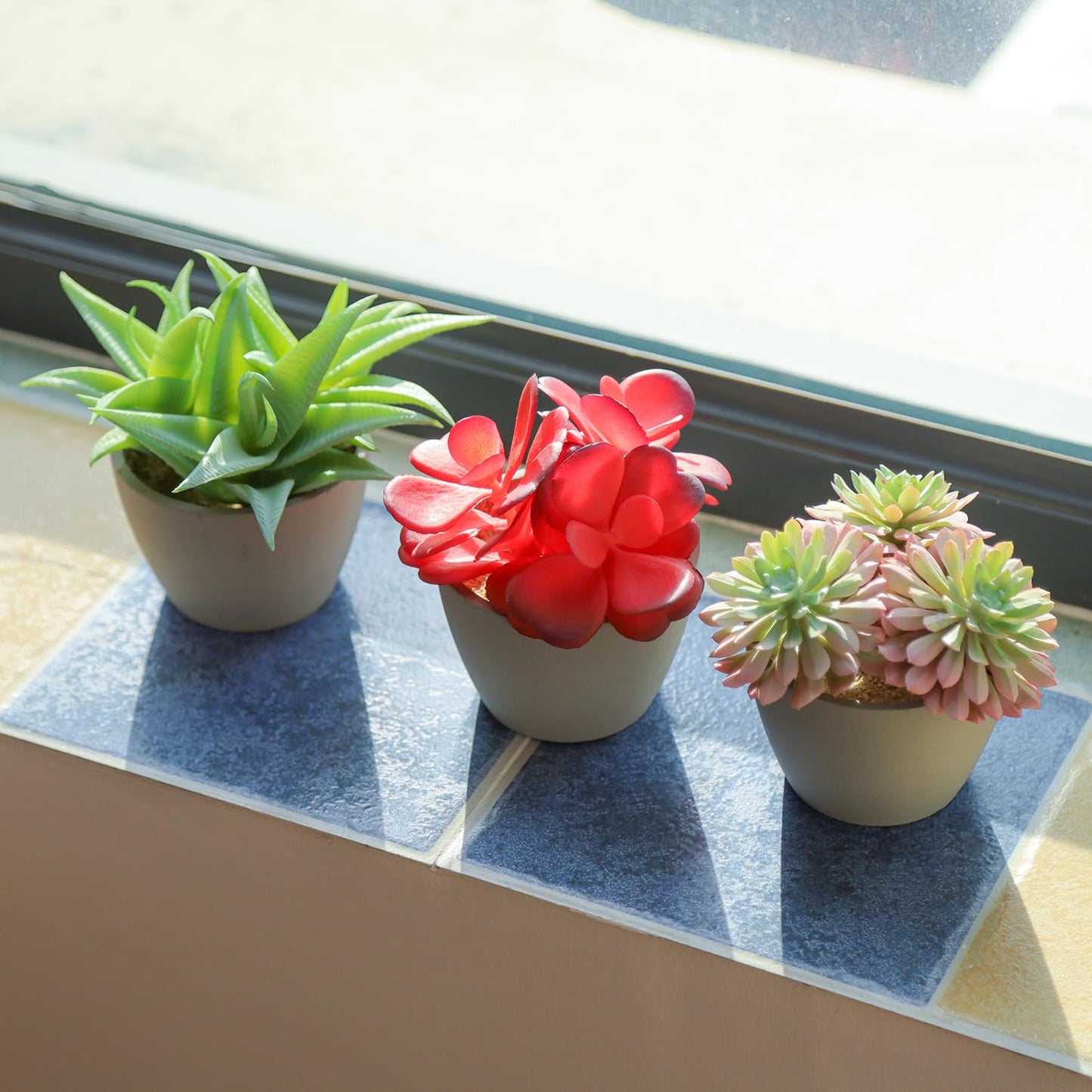 Mingfuxin Succulents Plants Artificial, Mini Assorted Green Fake Plants in Pots, Small Artificial Succulent Plant with Wood Potted for Bathroom Home Office Living Room Table Decor Indoor, Set of 3