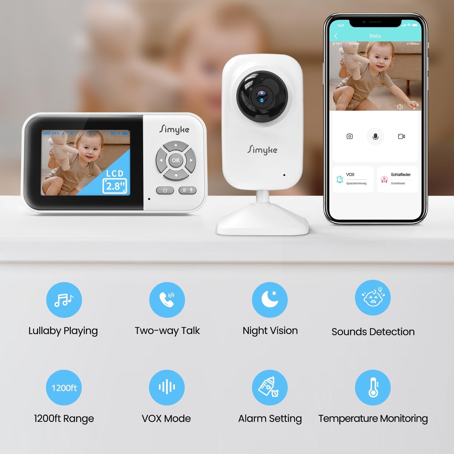 Simyke Video Baby Monitor with Camera No WiFi 1200ft Long Range, 2.8" Plug & Play Diaplay, Auto Night Vision, 5 Lullabies Portable Baby Sound Monitor, Baby Room Use, for Baby/Elderly