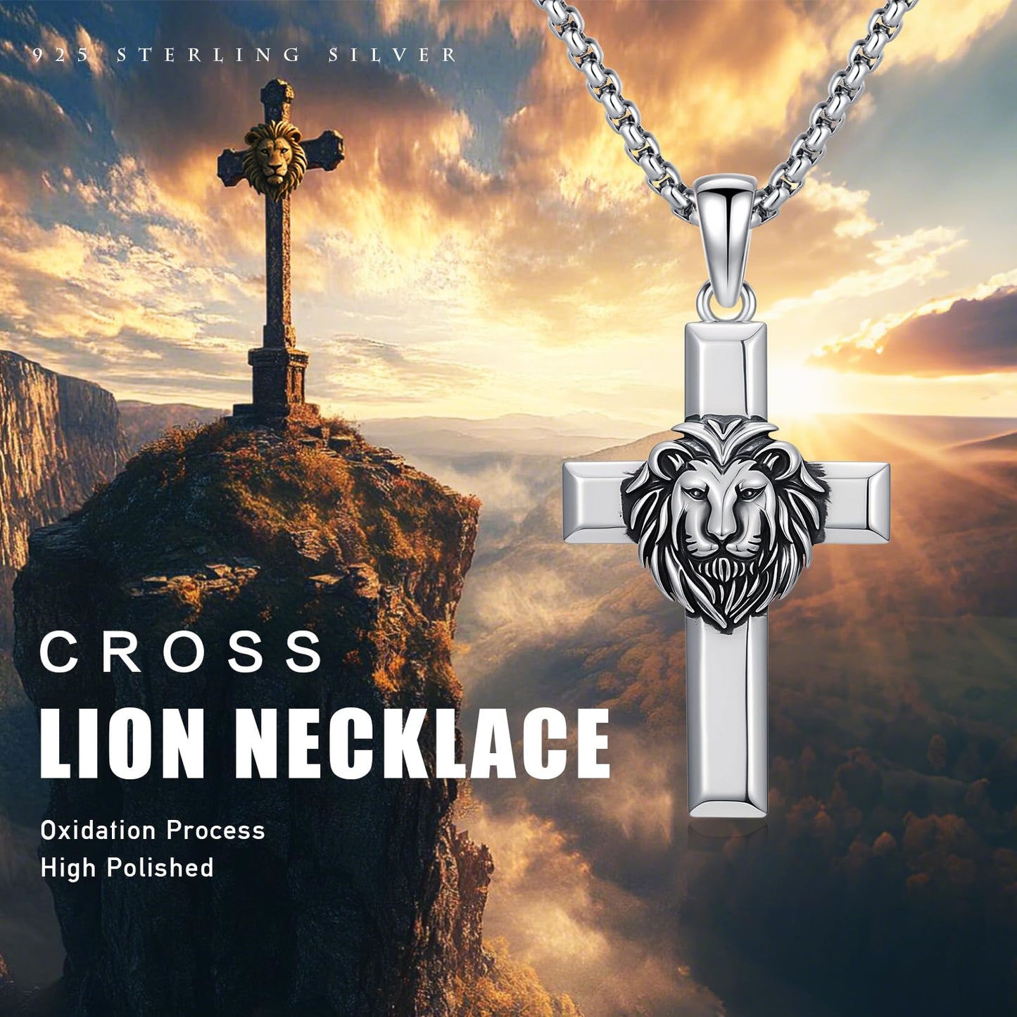 YEESIA Cross Necklace for Men Women 925 Sterling Silver Lion Cross Pendant Necklace, Christian Jewelry, Gift for Men Women