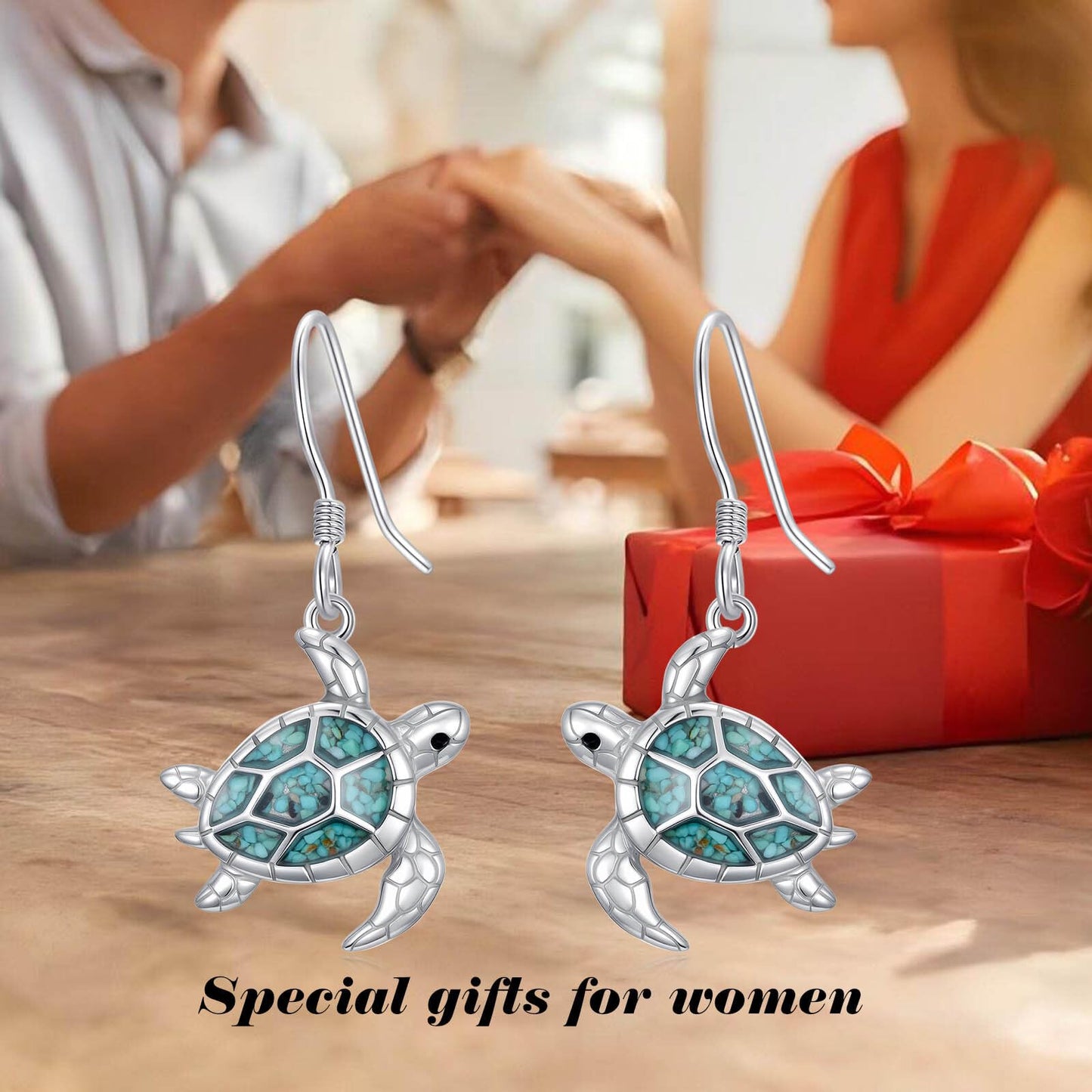 HPQQ Sea Turtle Earrings 925 Sterling Silver Turquoise Turtle Dangle Earrings Ocean Beach Themed Jewelry Mother's Day Jewelry Gifts for Women