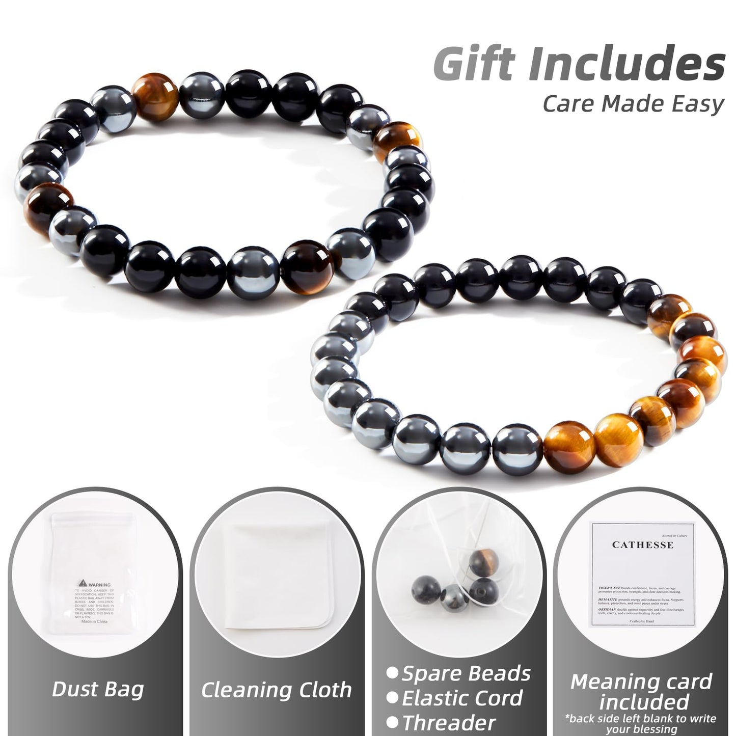 CATHESSE 2PCS Triple Protection Bracelet Set, Natural Tiger Eye Black Obsidian Hematite Beaded Stretch Bracelets for Men Women, Handmade Crystal Jewelry Gift for Stress Relief & Balance (Guardian Stack)