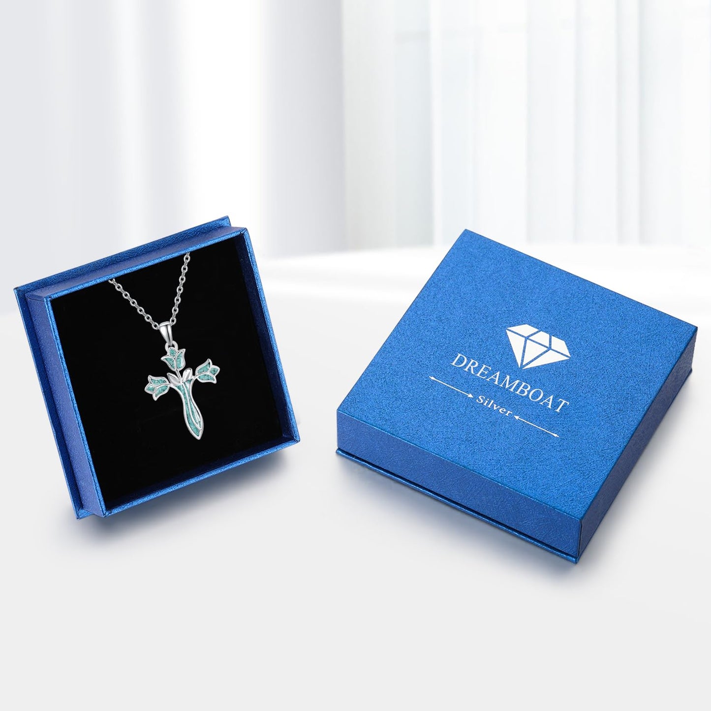 Dreamboat Turquoise Cross Necklace for Women Sterling Silver Cross Pendant Christian Necklace Tulip Rose Faith Confirmation Gifts Religious Jewelry for Mom
