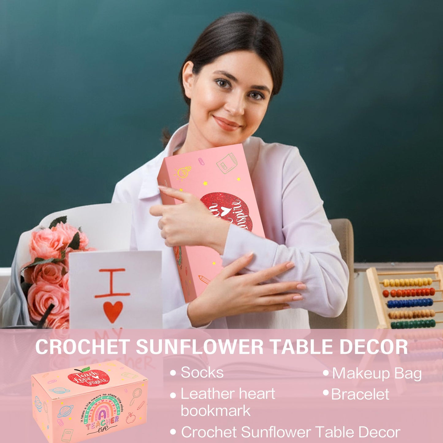 U-Goforst Teacher Appreciation Gifts for Women, Gifts for Teachers, Teacher Gifts Supplies with Makeup Bags Crochet Sunflower Bookmark Bracelet Socks for Teacher Appreciation