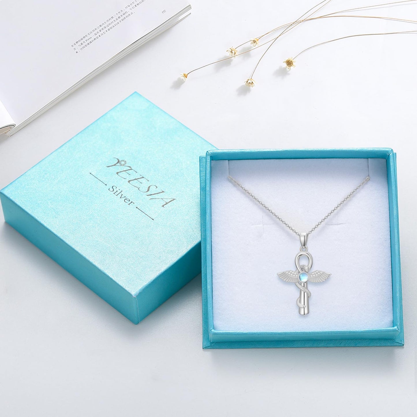 YEESIA Cross Necklace for Men and Women, 925 Sterling Silver Anka Cross Pendant Necklace with Moonstone, Egyptian Protective Jewelry Gift for Men and Women