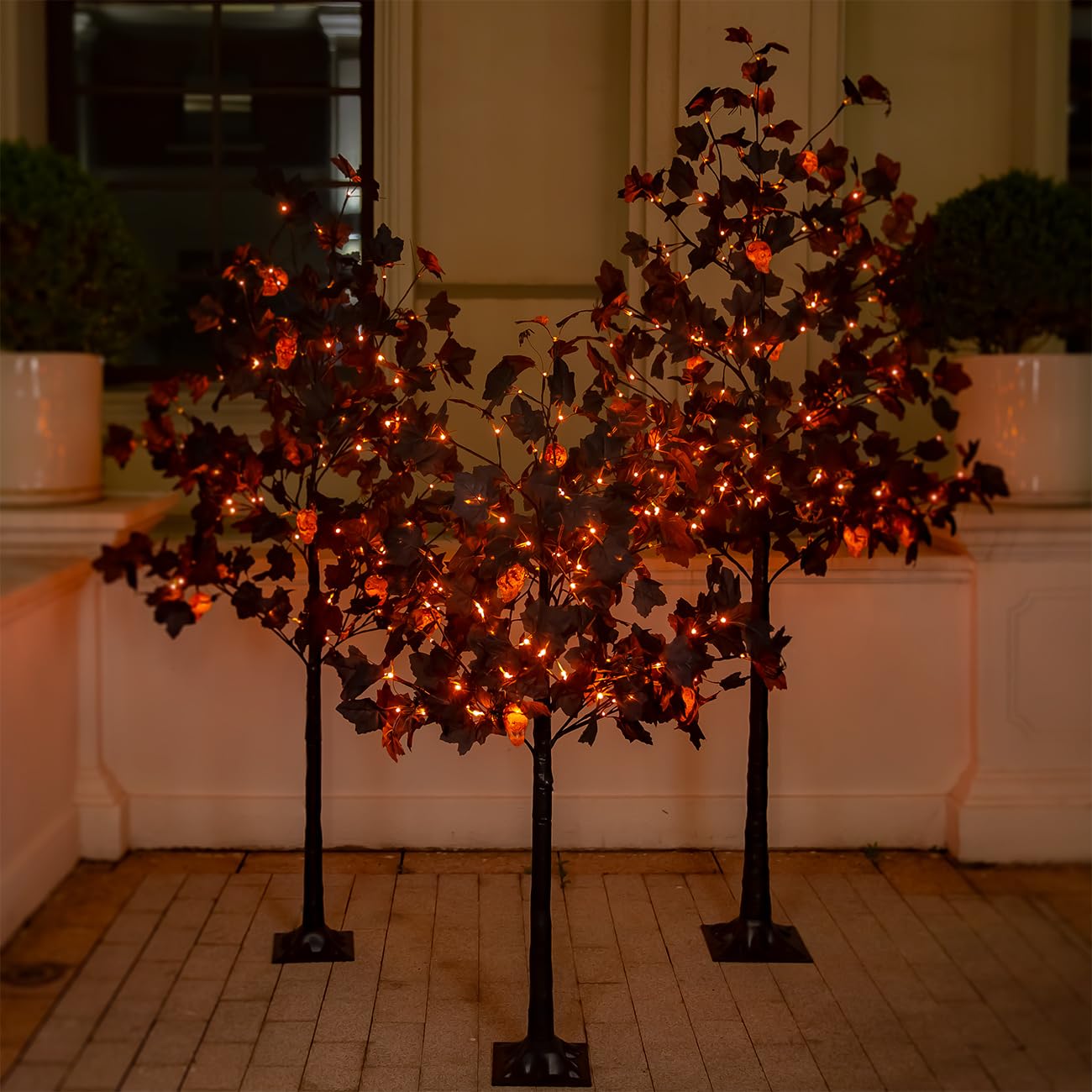 TYBEEU Halloween Decor Set β 4ft, 5ft & 6ft Black Maple Trees with 384 LED Lights, 24 Skull Lights & Spiders, Dimmable Timer, 16ft Cord, Indoor & Outdoor Decoration