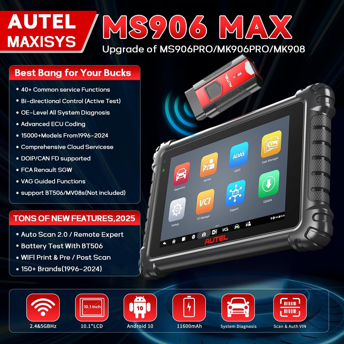 Autel MaxiSys MS906MAX 2026 Way Better Than MS906 Pro, Autel Scanner, Top Scan Tool DoIP CANFD Diagnostic Tool, Upgrade of MK900 MP900BT MS906BT MK908 3000+Active Test All System Diagnosis
