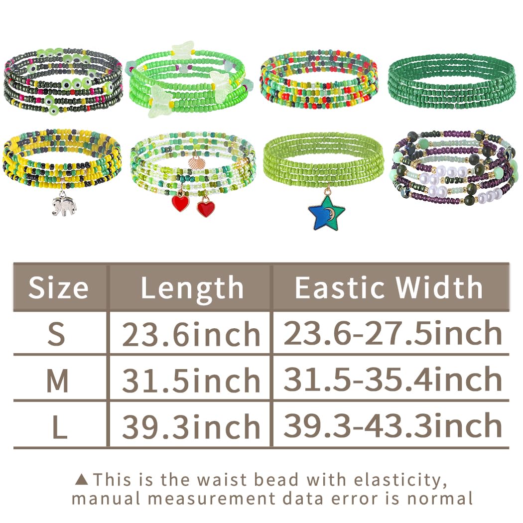 ELABEST 24-39inch African Waist Beads for Women 8Pcs Elastic Belly Beads Colorful Beaded Waist Jewelry Accessories Body Chain (Green, 31.5inch/80cm)