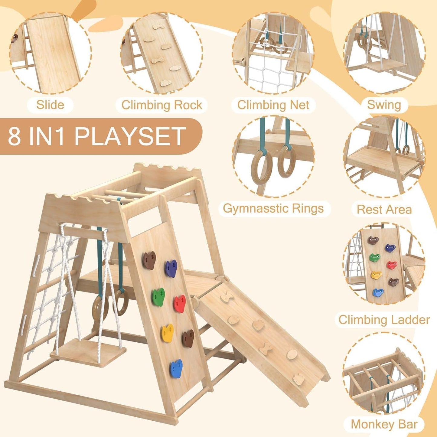 Yaofala 8-in-1 Indoor Playground, Indoor Jungle Gym for Toddlers, Kids Climbing Toys Indoor, Wooden Montessori Climber Playset with Swing, Slide, Monkey Bar, Wood Ladder, Climbing Net,Gymnastic Rings