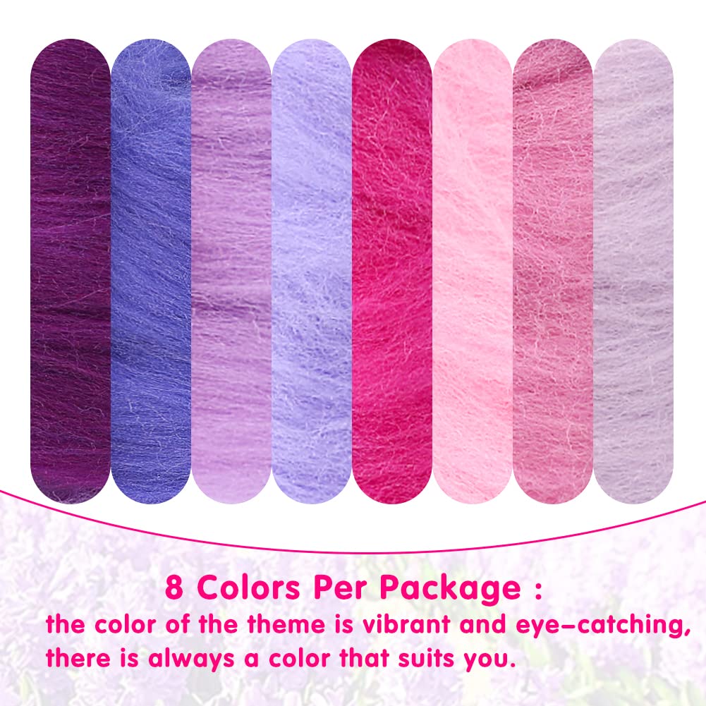Wonvoc Needle Felting Wool 80 g, 8 Colors Nature Wool Roving, Wool Roving for Needle Felting, for DIY Craft Materials, 10g/Color, Purple