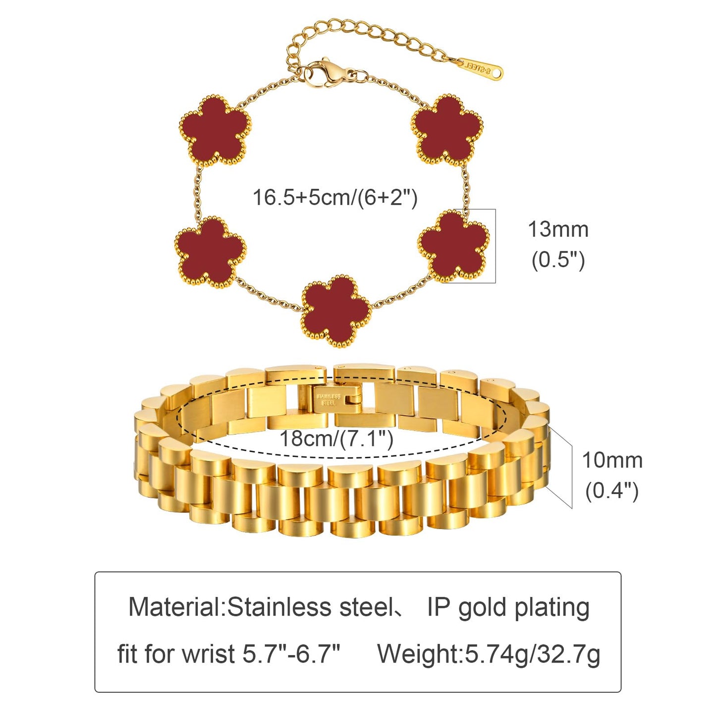 Stackable Gold Floral Bracelets Set , 2pcs 18K Gold Plated Bracelet Non-Tarnish,Stainless Steel Link Chain Friendship Bracelet,Watch Band Trendy Jewelry,Christmas Valentines Birthday Gifts for Women