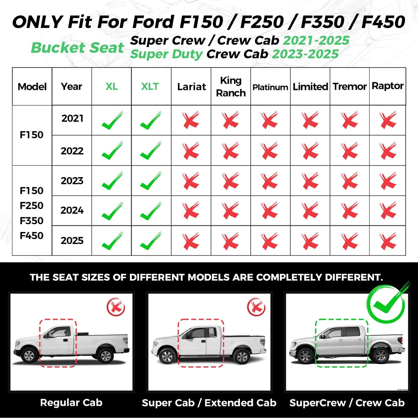 RIDEPOSH for Ford F150 Leather Seat Covers, SuperCrew XL XLT 2021-2025, F250 F350 F450 Super Duty Crew Cab 2023-2025, Custom Truck Seat Cover Full Set, Pickup Accessories, Black (Bucket Seat)
