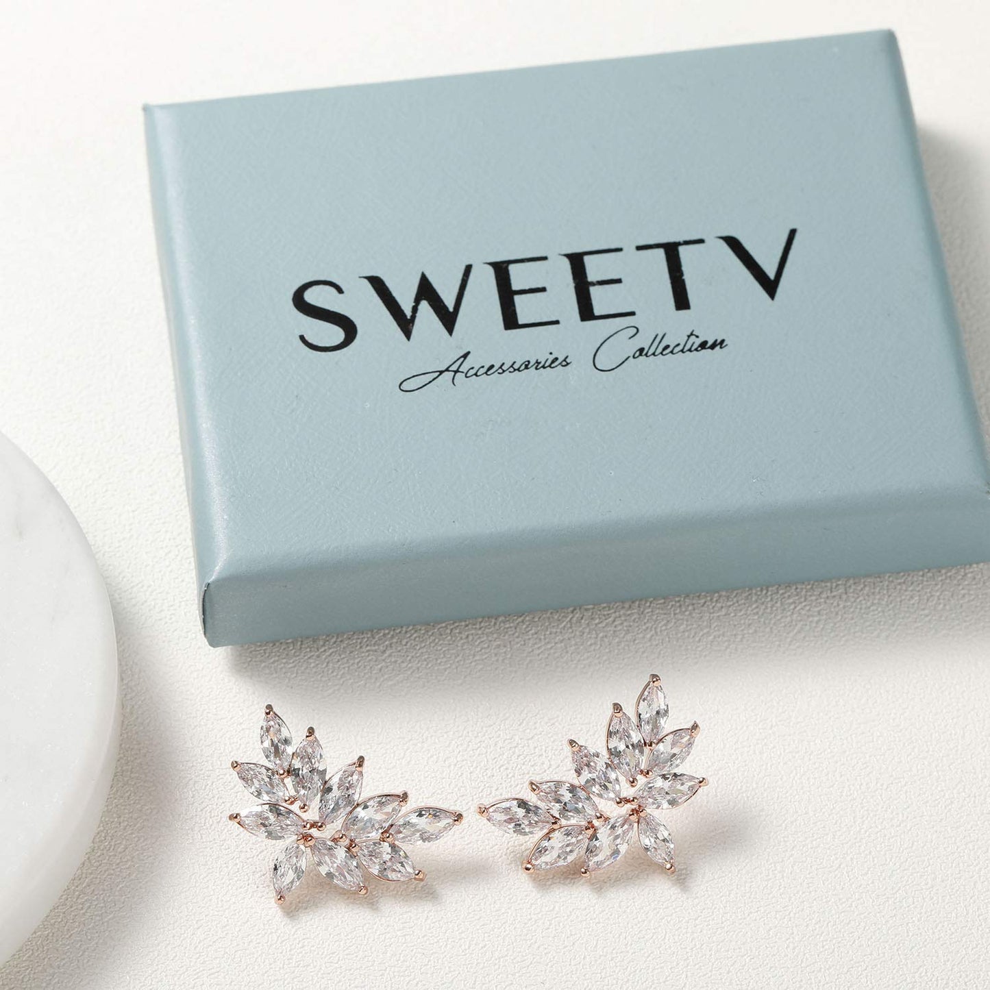 SWEETV Bridal Wedding Earrings for Brides Bridesmaid, Marquise Rose Gold Cubic Zirconia Rhinestone Cluster Earrings for Women, Prom