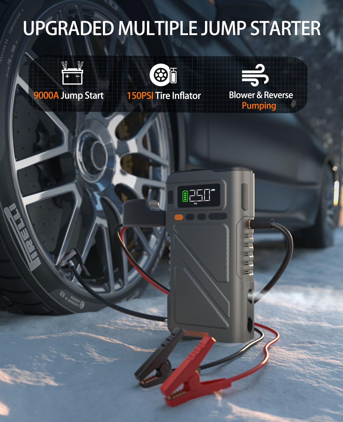 Car Jump Starter with Air Compressor 9000A, 9 in 1 Jumper Box for Car Portable 12V Jump Pack(All Gas/16L Diesel) Combo 150 PSI Tire Inflator & Air Inflator/Deflator Pump w/Extended Jump Cable