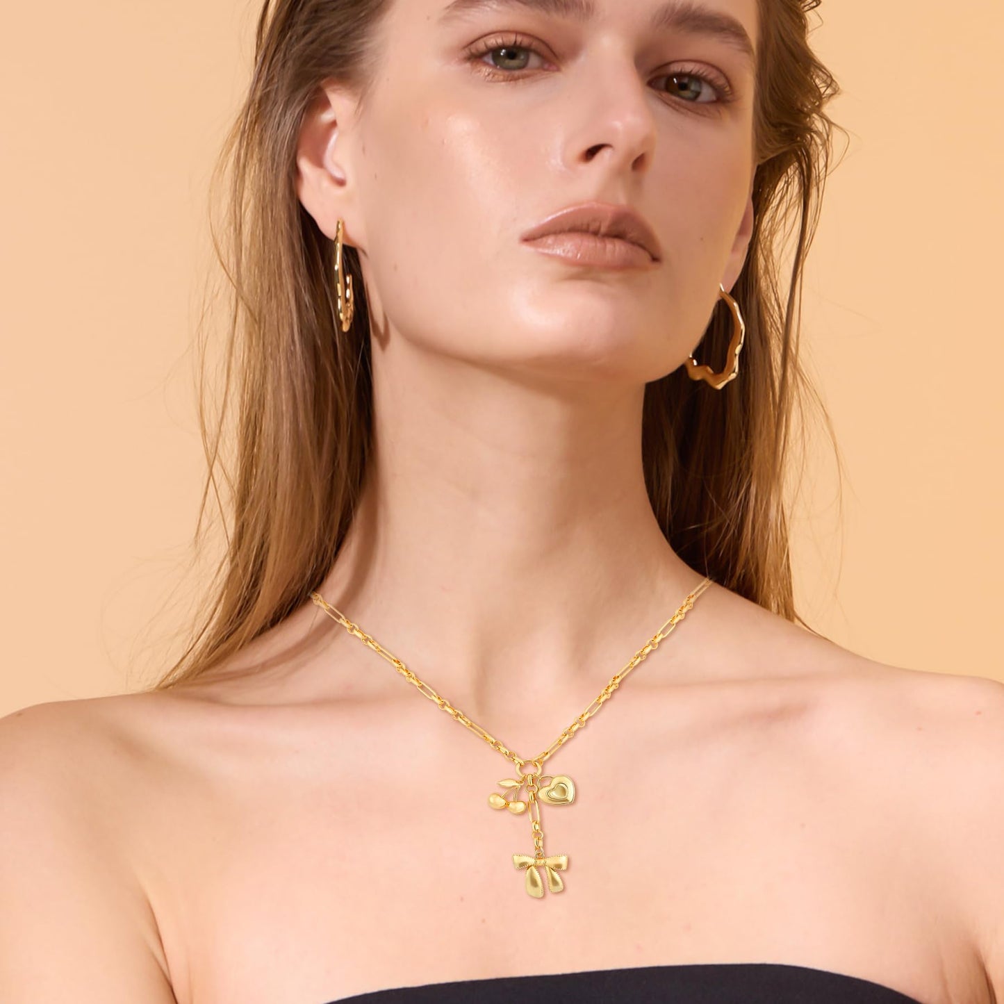 NEKOL Gold Cherry Love Heart Bow Charm Necklace for Women, Fun Gold Heart Key Bow Pendant Necklace with Long Chain Paper Clip Chain Cute Cherry Romantic Bowknot Ribbon Y Choker Jewelry Gift