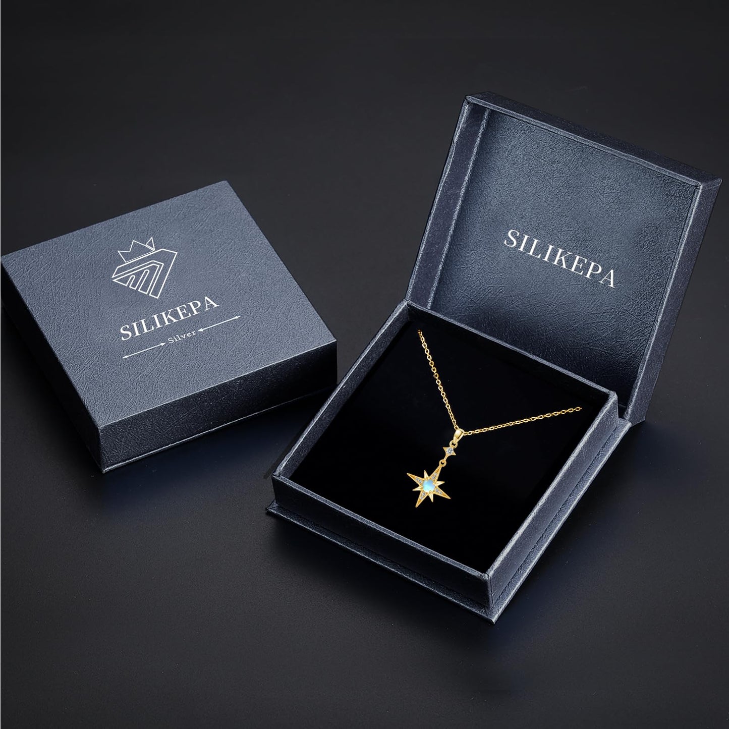 Silikepa Star Necklace for Women 925 Sterling Silver Gold North Star Pendant Necklace with Moonstone Jewelry Gift for Women