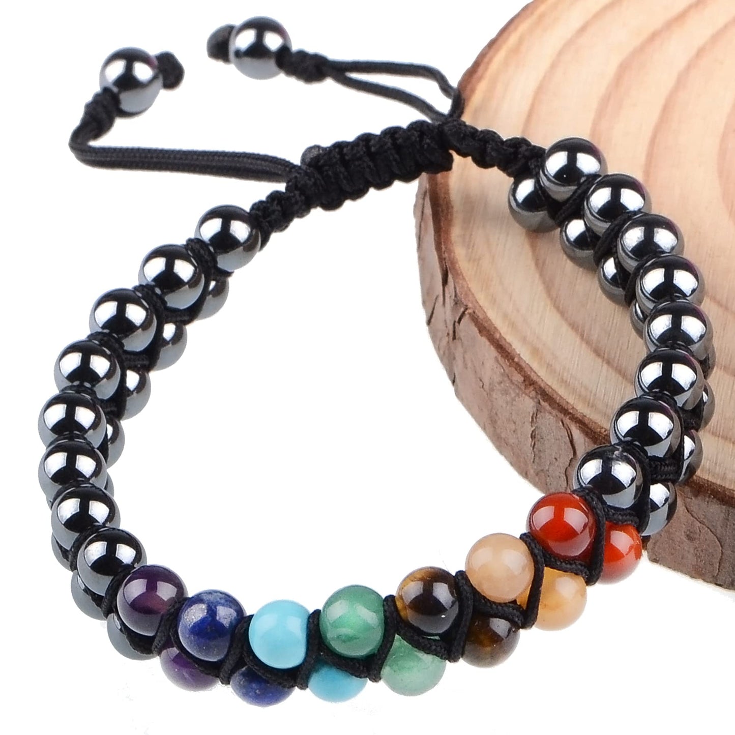 MASSIVE BEADS Natural Chakra Healing Power Crystals Macrame Bracelet Yoga Double Layer Stone Beads Gemstone Meditation Relax Anxiety Bangle for Unisex Women Men (7-Chakras&Hematite, 6mm)