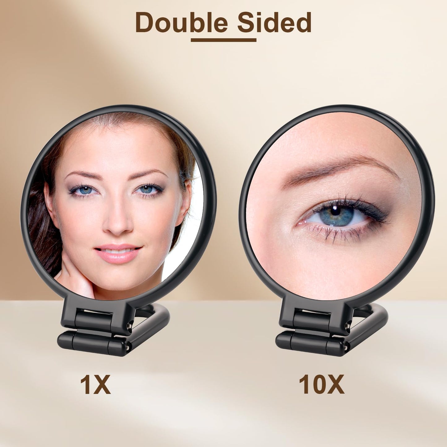 BOOMIBOO 1X/10X Magnifying Handheld Mirror Double Sided, Foldable Travel Makeup Mirror, Adjustable Rotation Pedestal Hand/Hanging/Desk Vanity Mirror-Black