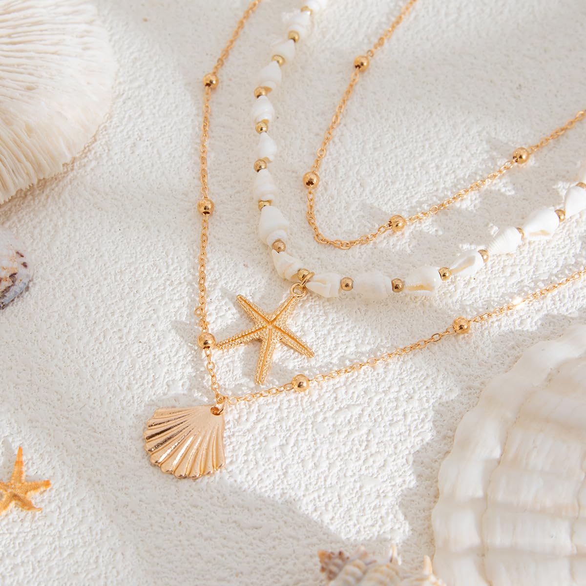 SRUCVOU Layered Shells Starfish Scallop Pendant Necklace For Women Coastal Beach Holiday Beaded Chain Necklace Gold Tone Ocean Style Vacation Jewelry (Gold)