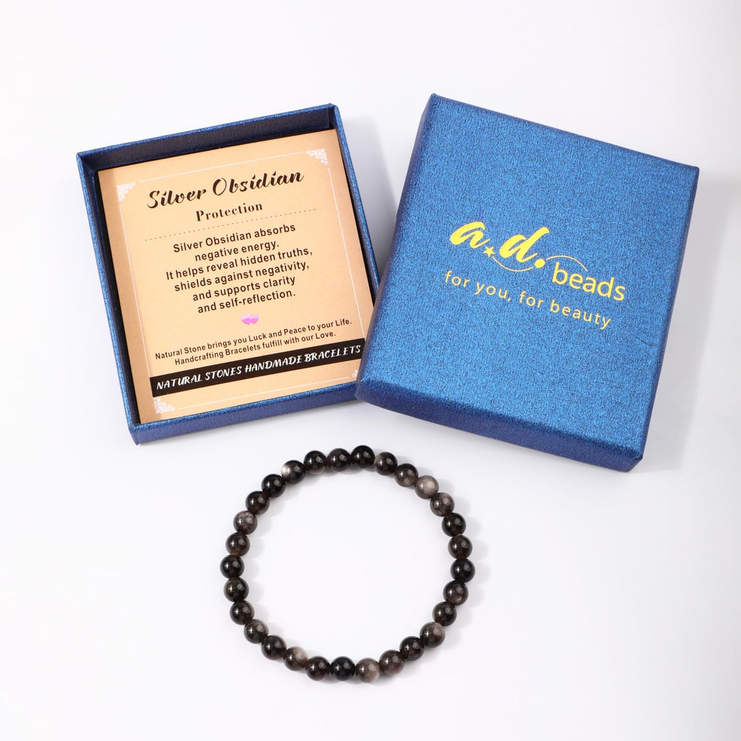 AD Beads 4mm Handmade Silver Obsidian Elastic Bracelet โ Natural Gemstone for Protection โ Meditation, Yoga, Healing and Energy Gift for Men Women