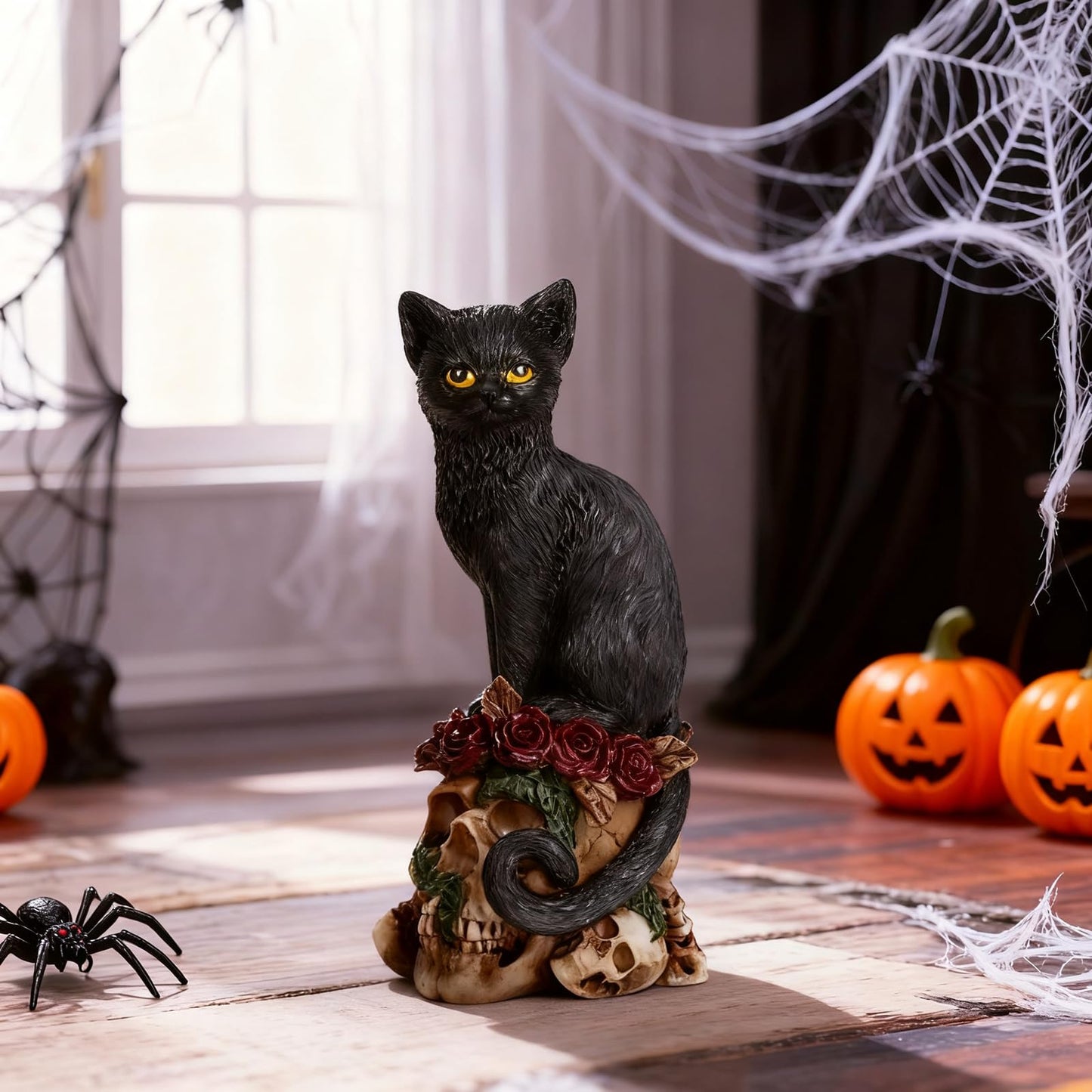 Black Cat Skull Statue, Gothic Resin Sculpture for Home Decor, Spooky Occult Witchy Dark Academia Collectible, Spring Gift for Cat Lovers Goth Collectors Men Women, Birthday Anniversary Housewarming